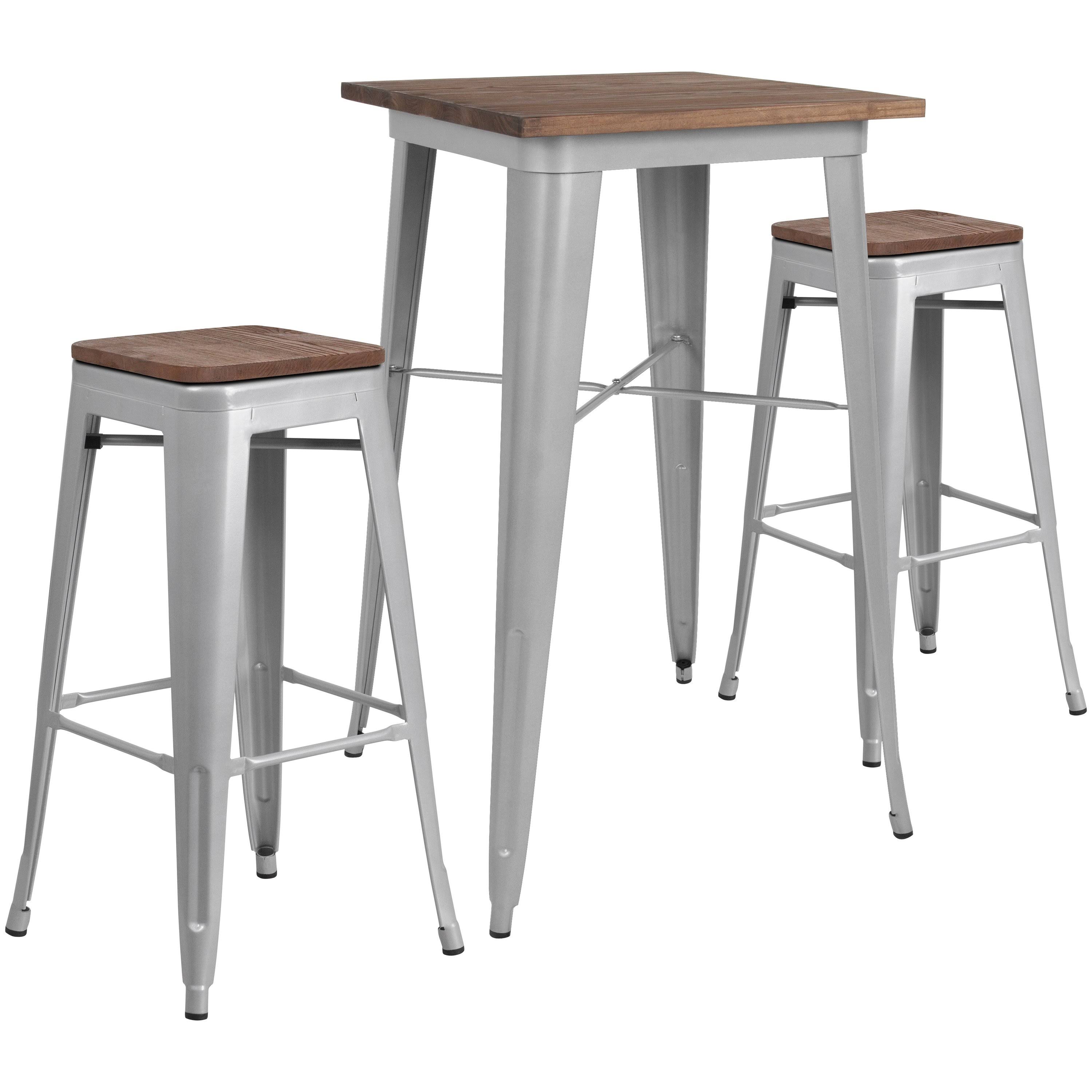 Flash Furniture 23.5x22 Square Silver Metal Bar Table Set with Wood Top and 2 Backless Stools