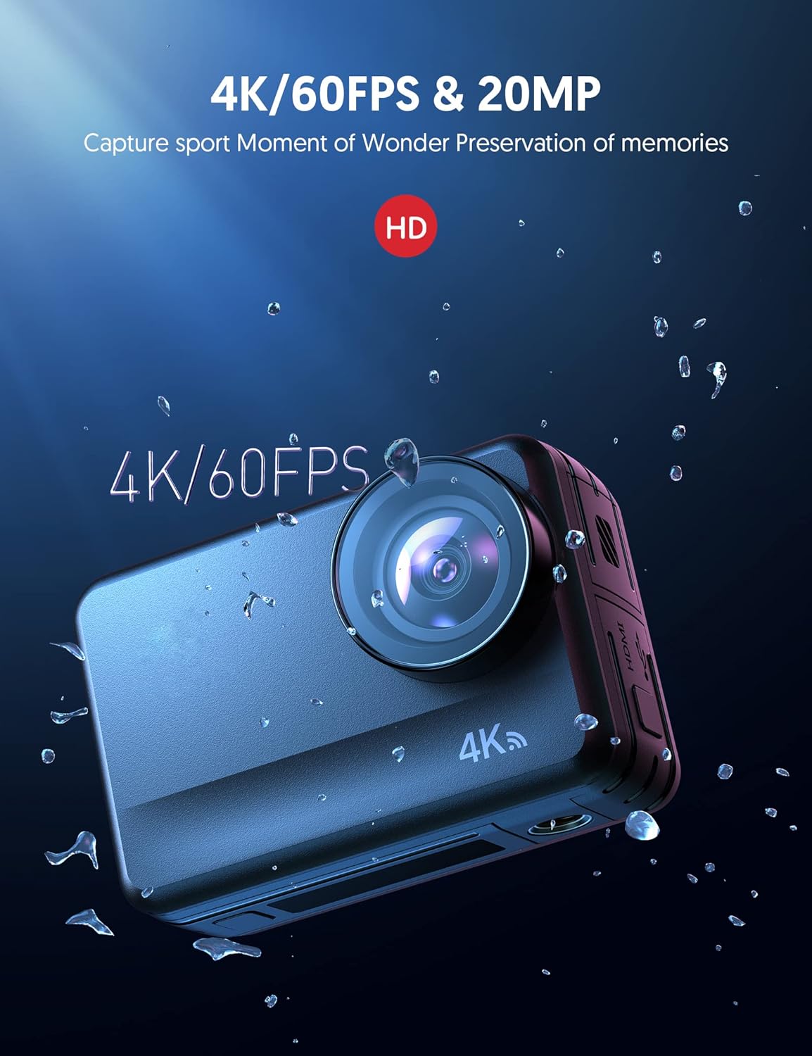 Action Camera 4K 60FPS 8Meters Bare Metal Waterproof Underwater Camera with 6-axis EIS Stabilization,170° Touch Screen Sport Camera with Multiple Functions, Two 1350mAh Batteries Pack of 2