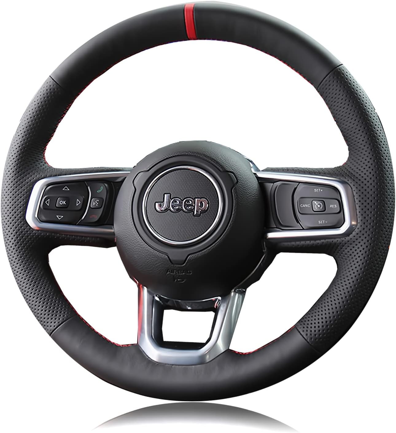 Black Side Perforated Leather Red Marker Steering Wheel Protector Cover Hand-Stitch on Wrap Fit for Jeep Wrangle 2018 2019 2020 2021 2022 Jeep Gladiator 2020-2022