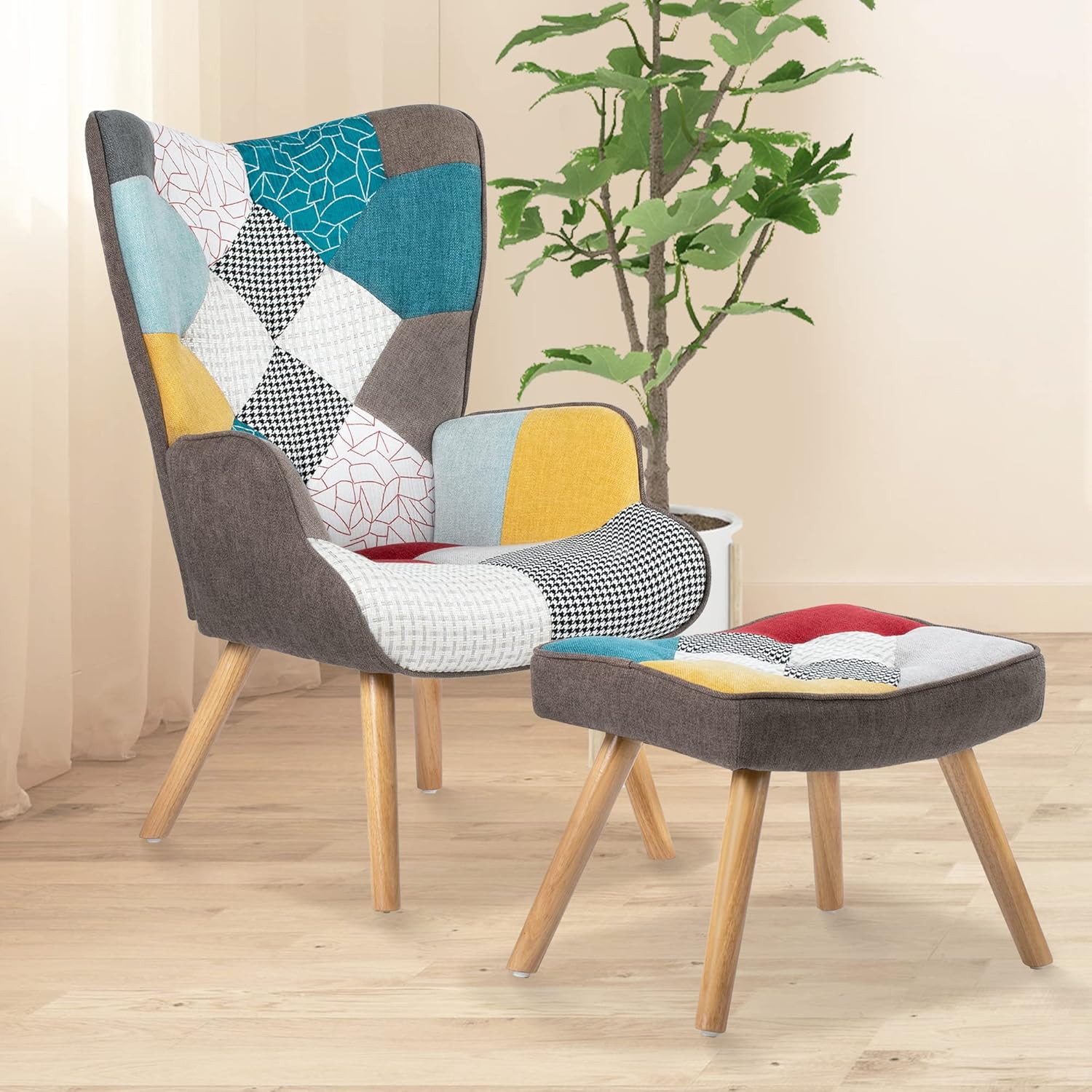 KGOPK Accent Chair with Ottoman, Living Room Chair and Ottoman Set, Comfy Side Armchair for Bedroom, Creative Splicing Cloth Surface, Colorful