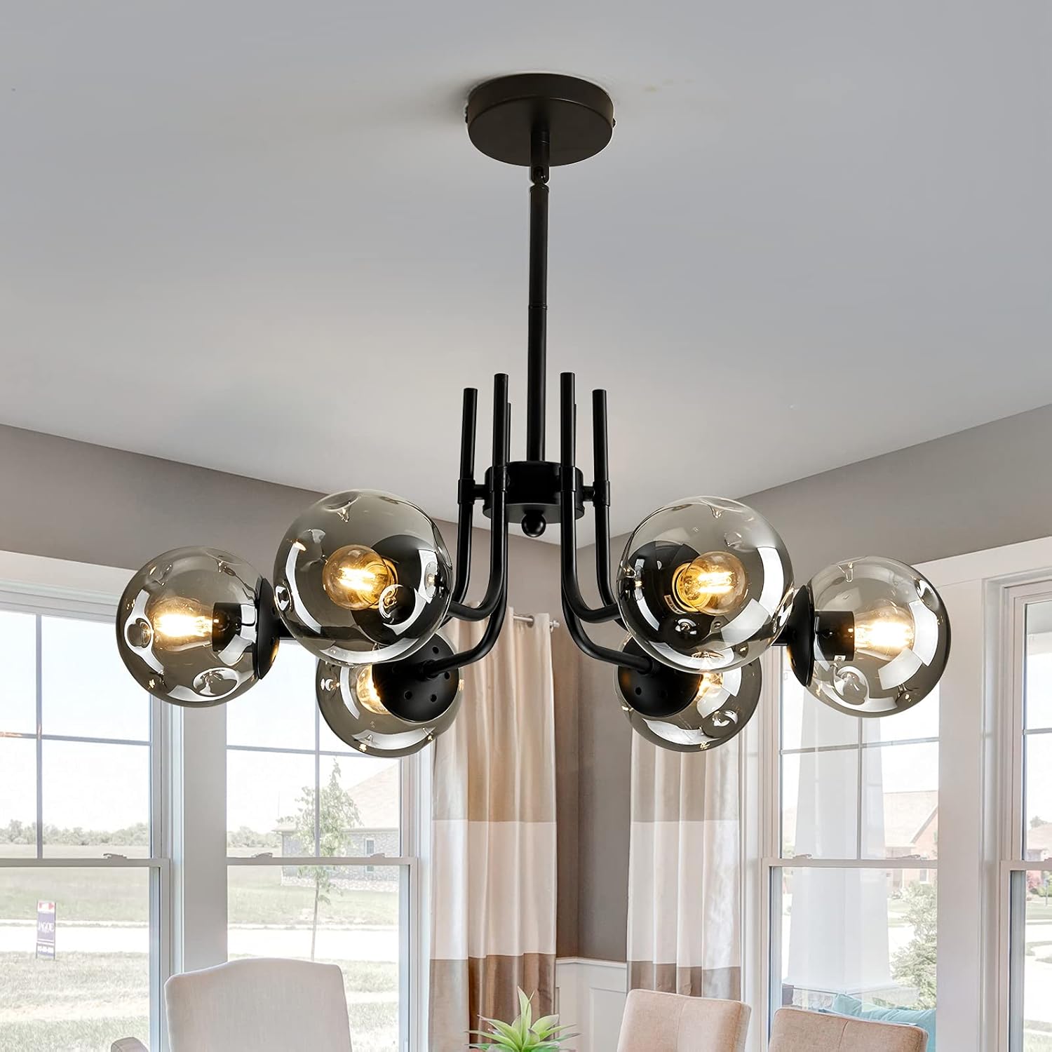 FGSADI 6-Light Sputnik Chandeliers with&nbsp;Glass&nbsp;Globe,Modern Metal Chandelier,Black Matte Ceiling Light Fixture for Kitchen Farmhouse Living Room Bedroom Dining Room.