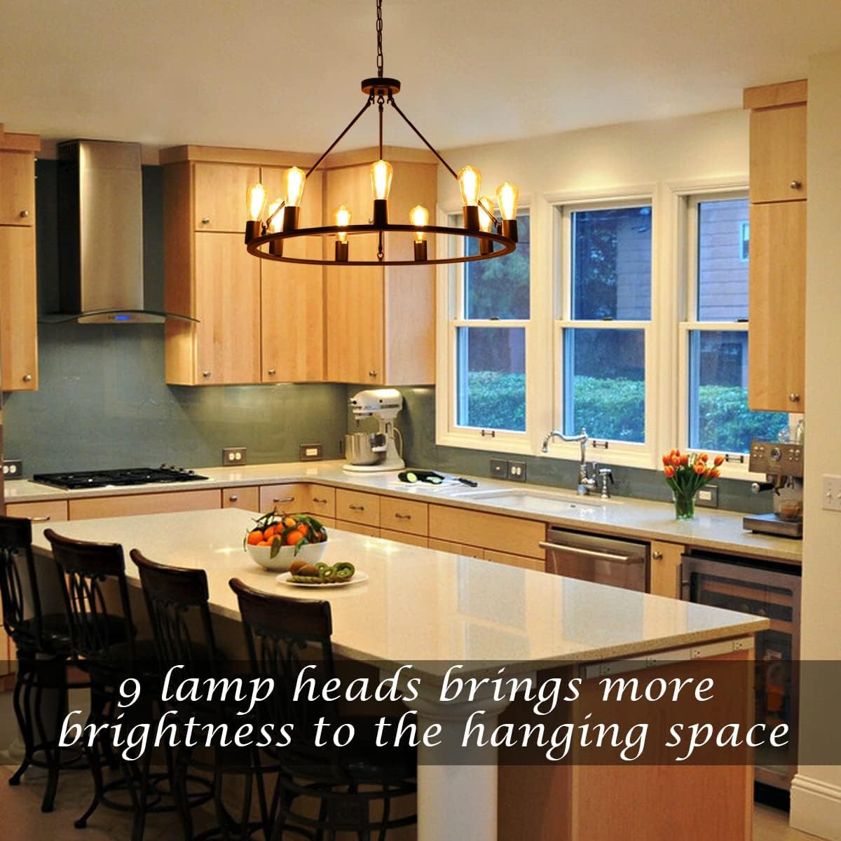 Wagon Wheel Chandelier 9-Light Farmhouse Chandelier, Dia 32'' Industrial Pendant Light Fixture, Black Modern Chandeliers for Dining Room Kitchen Island Bedroom Living Room Foyer