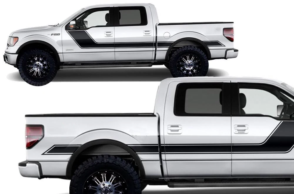 Factory Crafts Rally Stripe 2 Side Graphics Kit 3M Vinyl Decal Wrap Compatible with Ford F-150 2009-2014 - Matte Black