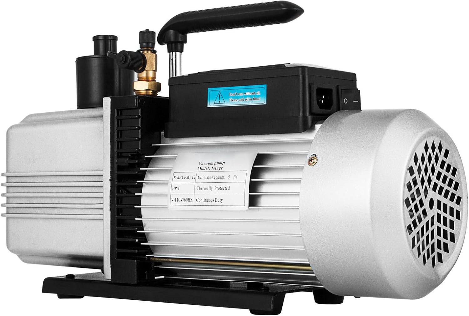 VEVOR Vacuum Pump 12CFM 1 HP Single Stage Air Conditioning Vacuum Pump 110V 5PA Ultimate Vacuum Refrigerant HVAC Air Tool Rotary Vane Vacuum Pump for Automobile Vacuum Evacuation (1-Stage, 12CFM)