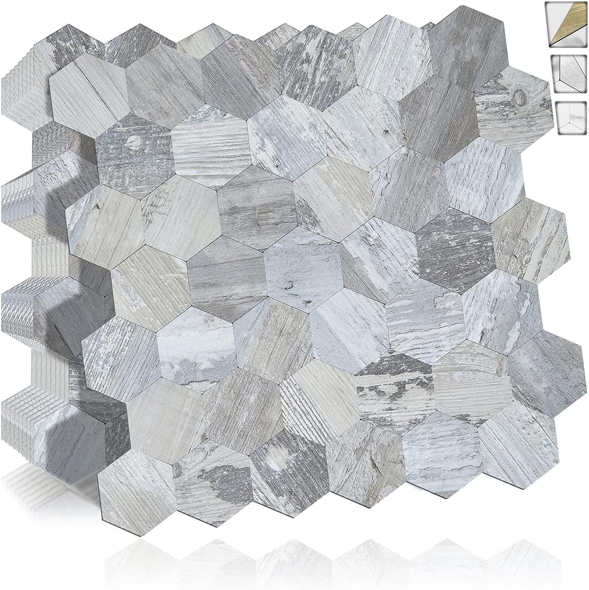 DICOFUN 10 Sheets Hexagon Tile Peel and Stick Backsplash, White Marble Look PVC Mixed Silver Metal Mosaic Tiles for Kitchen and Bathroom (Seamless) Pack of 2