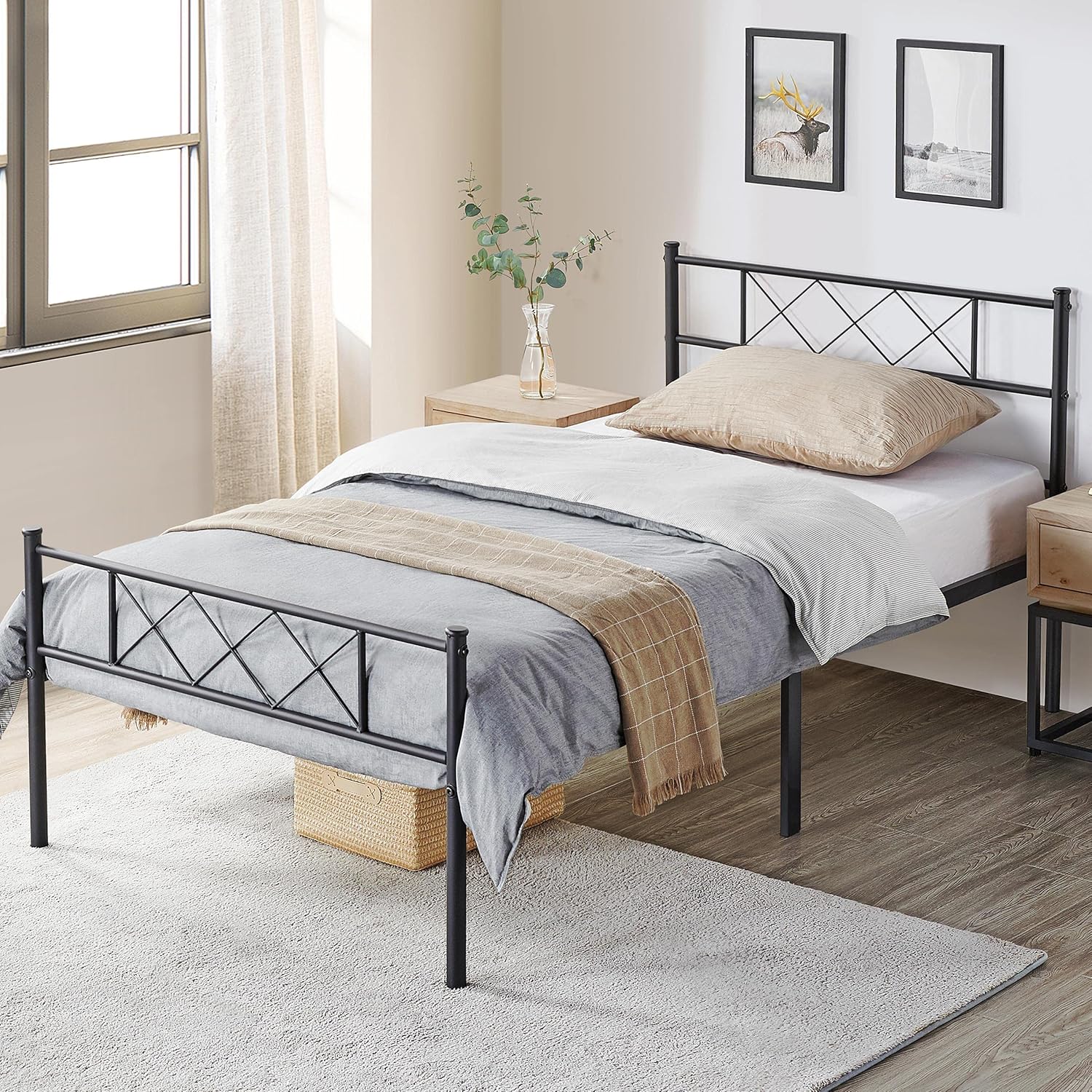 Topeakmart Twin 13 inch Black Industrial Platform Metal Bed Frame with Headboard and Footboard Mattress Foundation No Box Spring Needed Under Bed Storage Easy Assembly Strong Slat Support