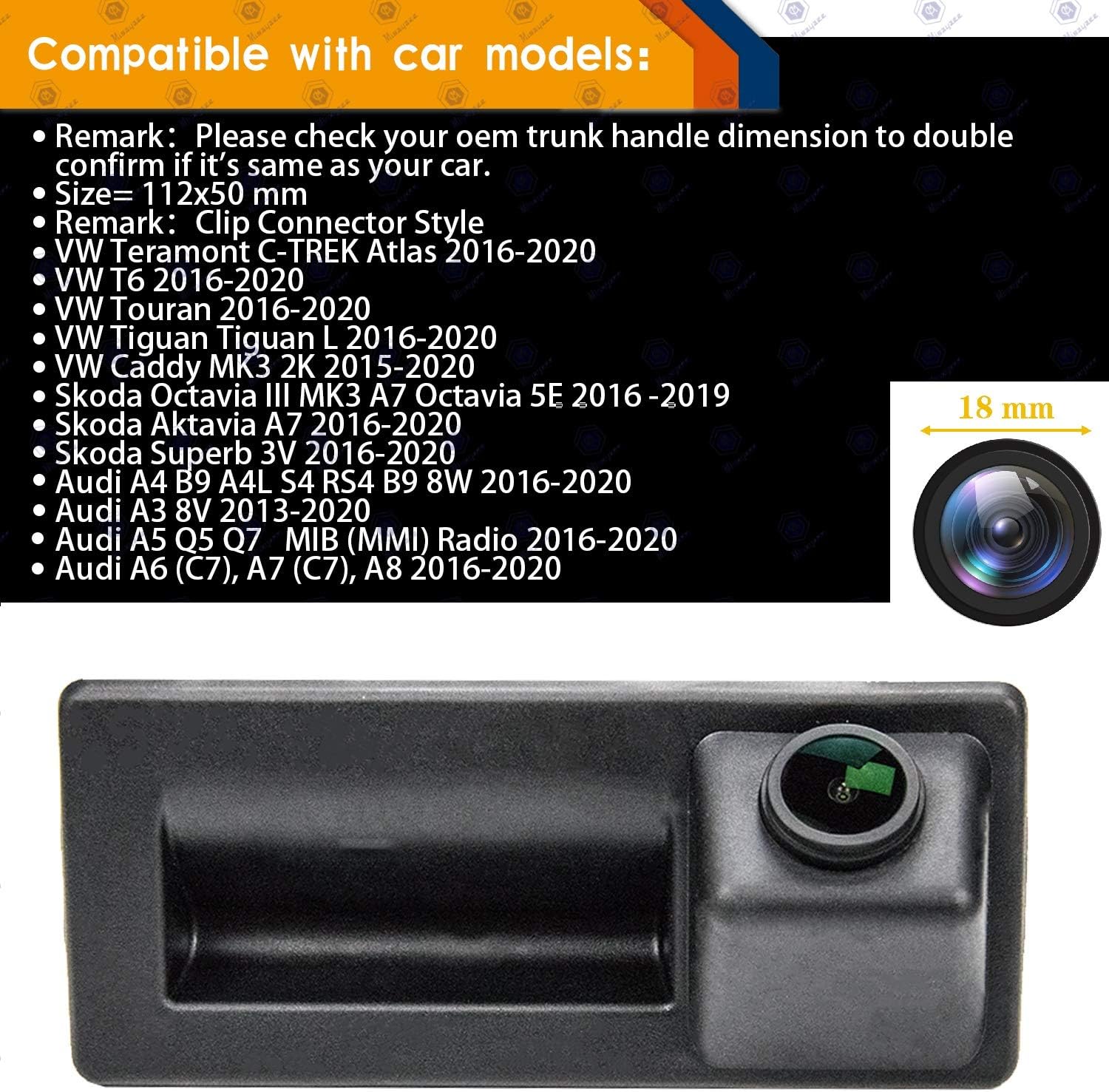 HD 1280x720p Reversing Camera Integrated in Trunk Handle Rear View Backup Camera for 2013+ Audi A3 8V, 2016+ A4 B9, A5, Q5, A6, Q7,A6 (C7), A7 (C7), A8 Allroad with MIB (MMI) Radio