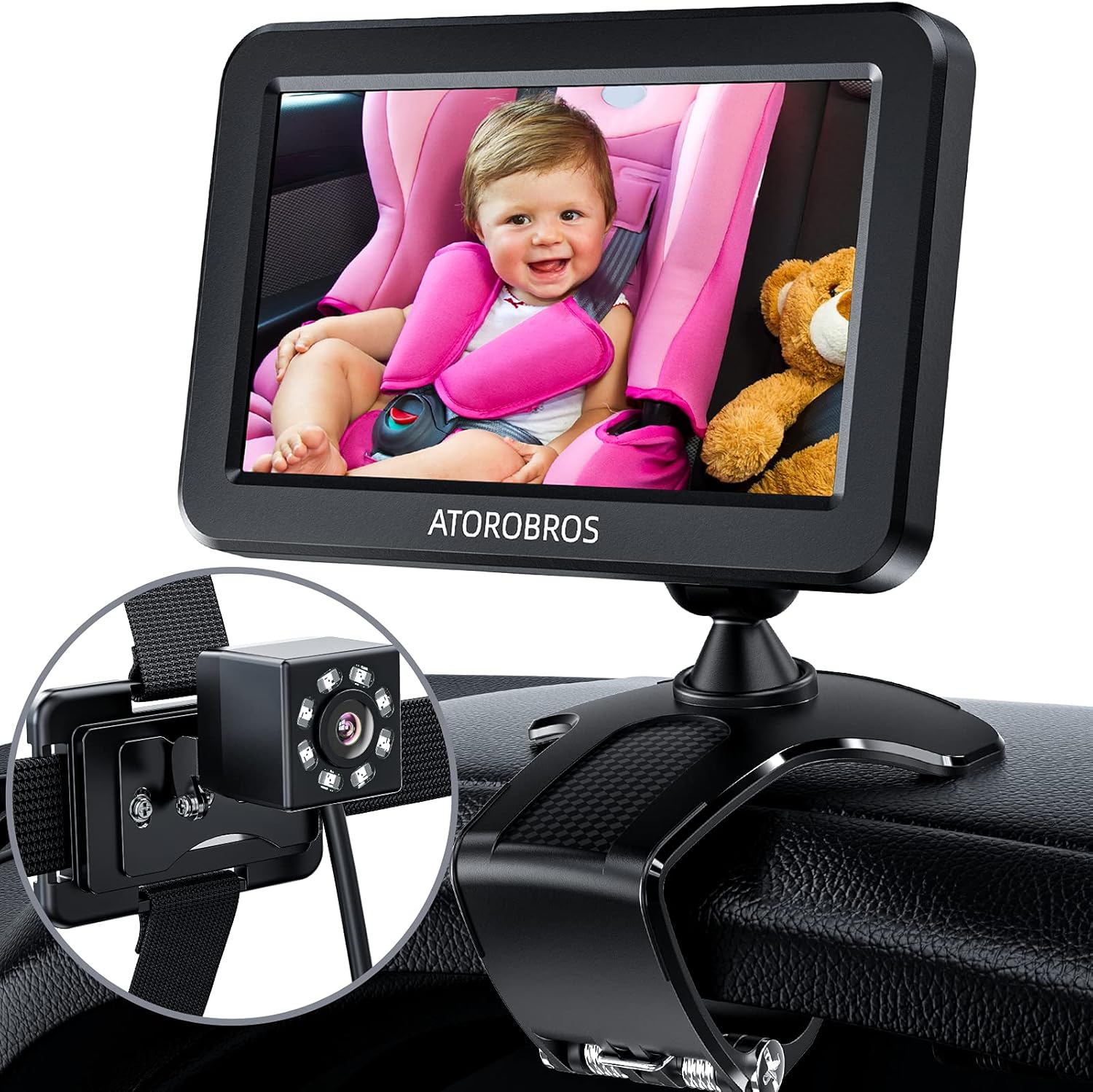 Baby Car Camera,ATOROBROS Baby Car Camera for Backseat with HD Night Vision,4.3'' ,360&deg; Rotation Dashboard Clip Mount Display Stand,Wide Crystal Clear View