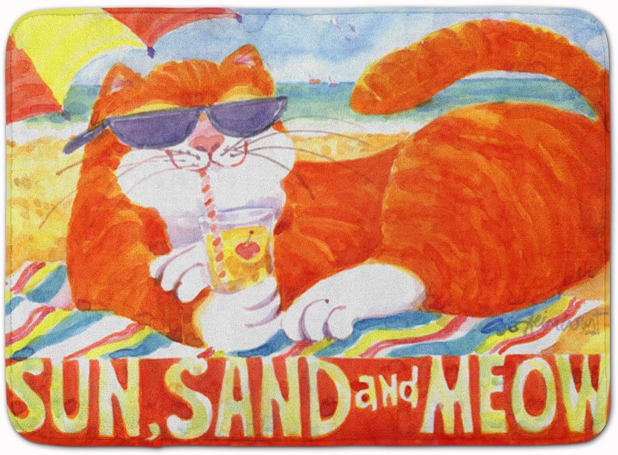 Caroline's Treasures 6050RUG Orange Tabby at The Beach Bath Mat Machine Washable Anti-Fatigue Memory Foam Kitchen Rug, 19 X 27, Multicolor