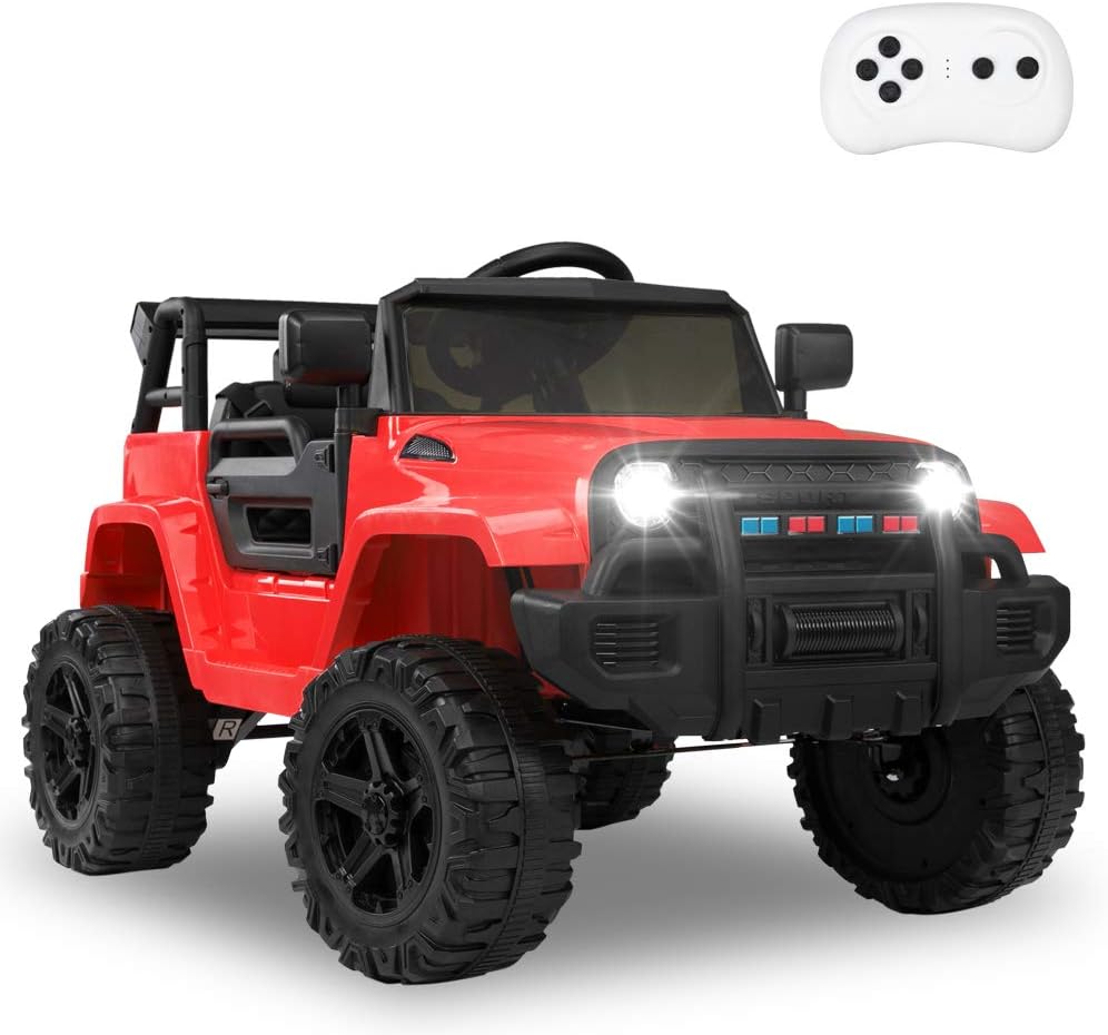 JOYMOR Ride on Truck with Remote Control, 4 Wheels 12V Battery Powered Kids Car, with LED Headlight/Horn Button/ MP3 Player/USB Port/ Forward Backward/Kids Girl Boy (Black)