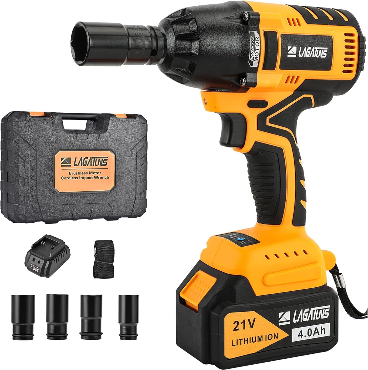 Cordless Impact Wrench,420 Ft-lb High Torque 3200 RPM,with a 21V 4.0Ah Li-Ion Battery, Fast Charger,6 Sockets, Suitable for family cars