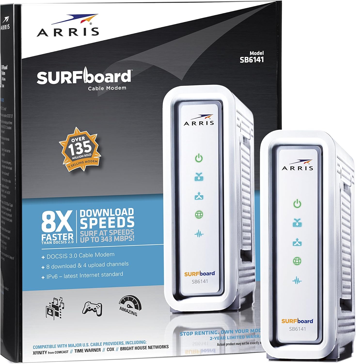 ARRIS SURFboard SB6141 8x4 DOCSIS 3.0 Cable Modem - Retail Packaging- White Pack of 2