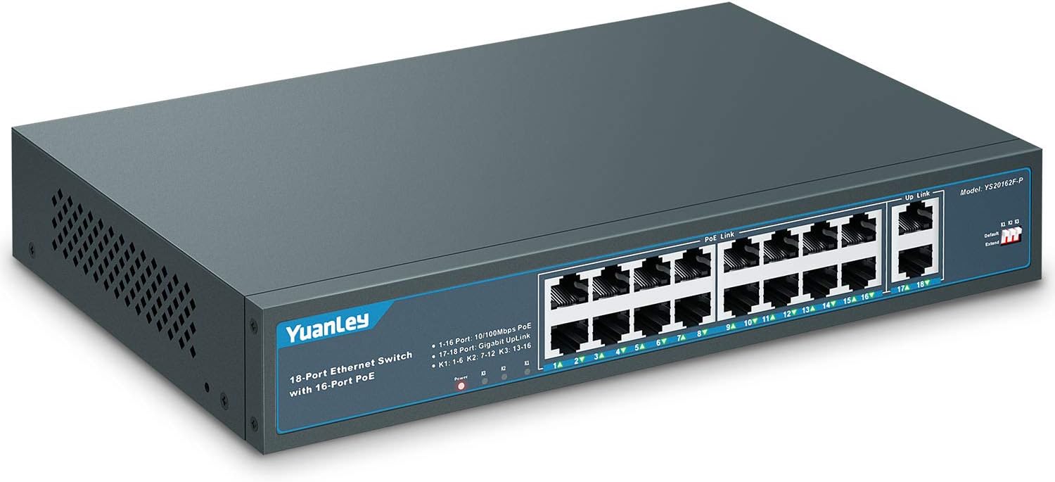 YuanLey 18 Port Gigabit PoE Switch, 16 PoE+ Port 1000Mbps, 2 Gigabit Uplink, 250W 802.3af/at, Metal Desktop/Rackmount, Unmanaged Plug and Play Network Switch