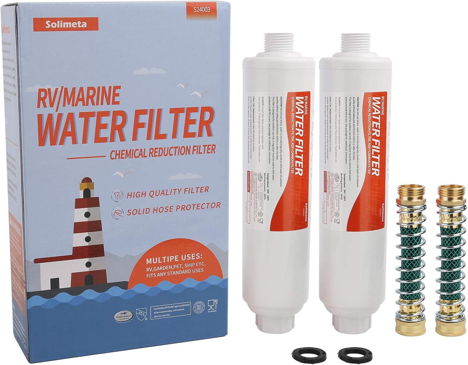 Solimeta 2 Pack RV Marine Inline Water Filter with Flexible Hose Protector, Drinking & Washing Filter, Garden Hose Water Filter