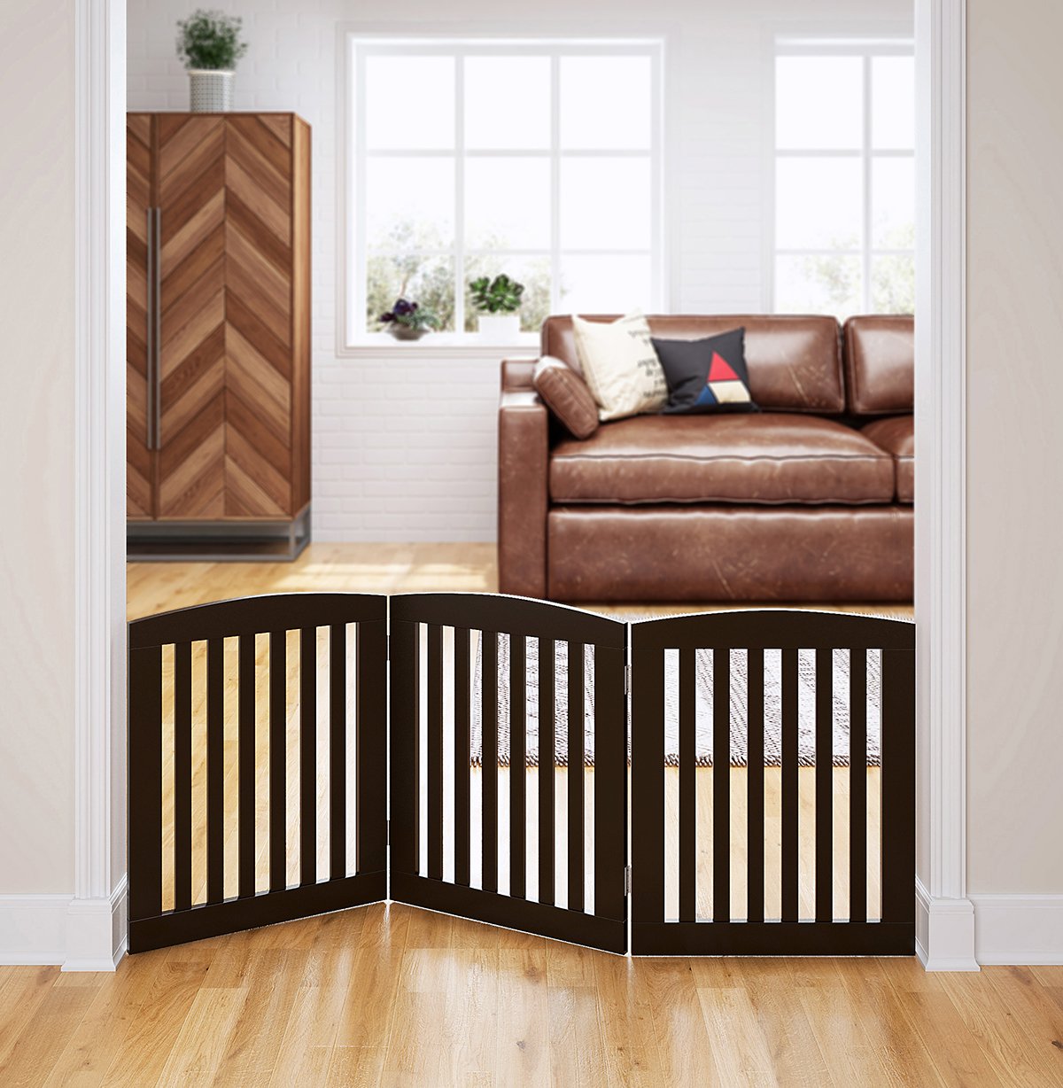 PAWLAND Wooden Freestanding Foldable Pet Gate for Dogs, 24 inch 3 Panels Step Over Fence, Dog Gate for The House, Doorway, Stairs, Extra Wide (White, 24