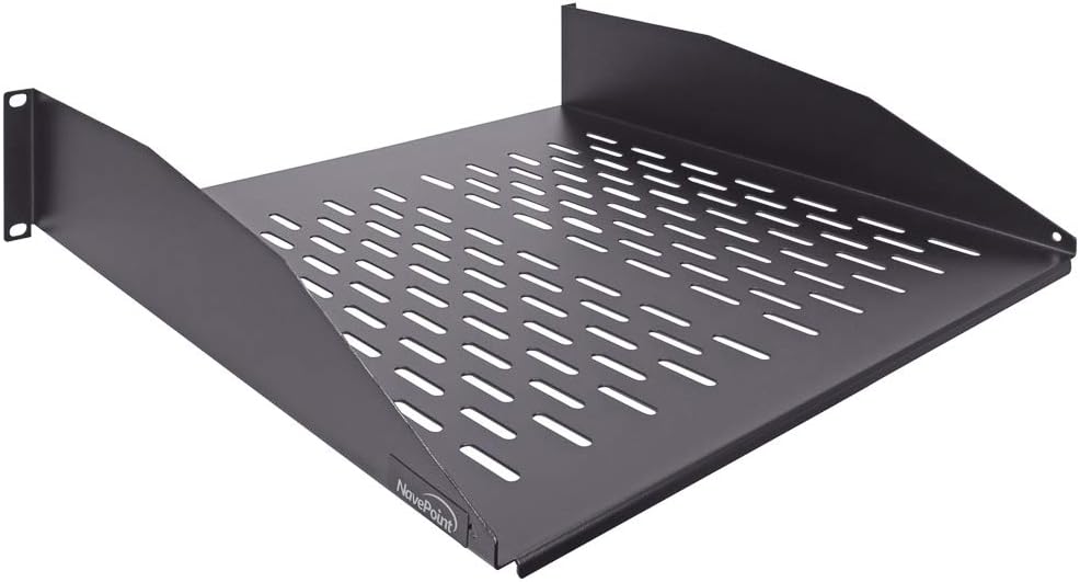 NavePoint 2U 19-Inch Universal Vented Rack Mount Cantilever Fixed Server Cabinet Shelf 16-Inches Deep Black Pack of 2