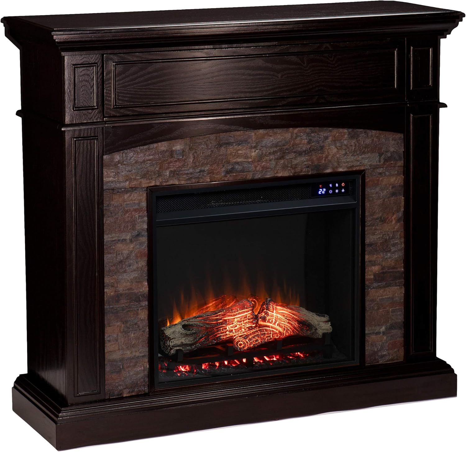 SEI FURNITURE Grantham Faux Stone Corner Hidden Media Shelf Electric Fireplace, Ebony