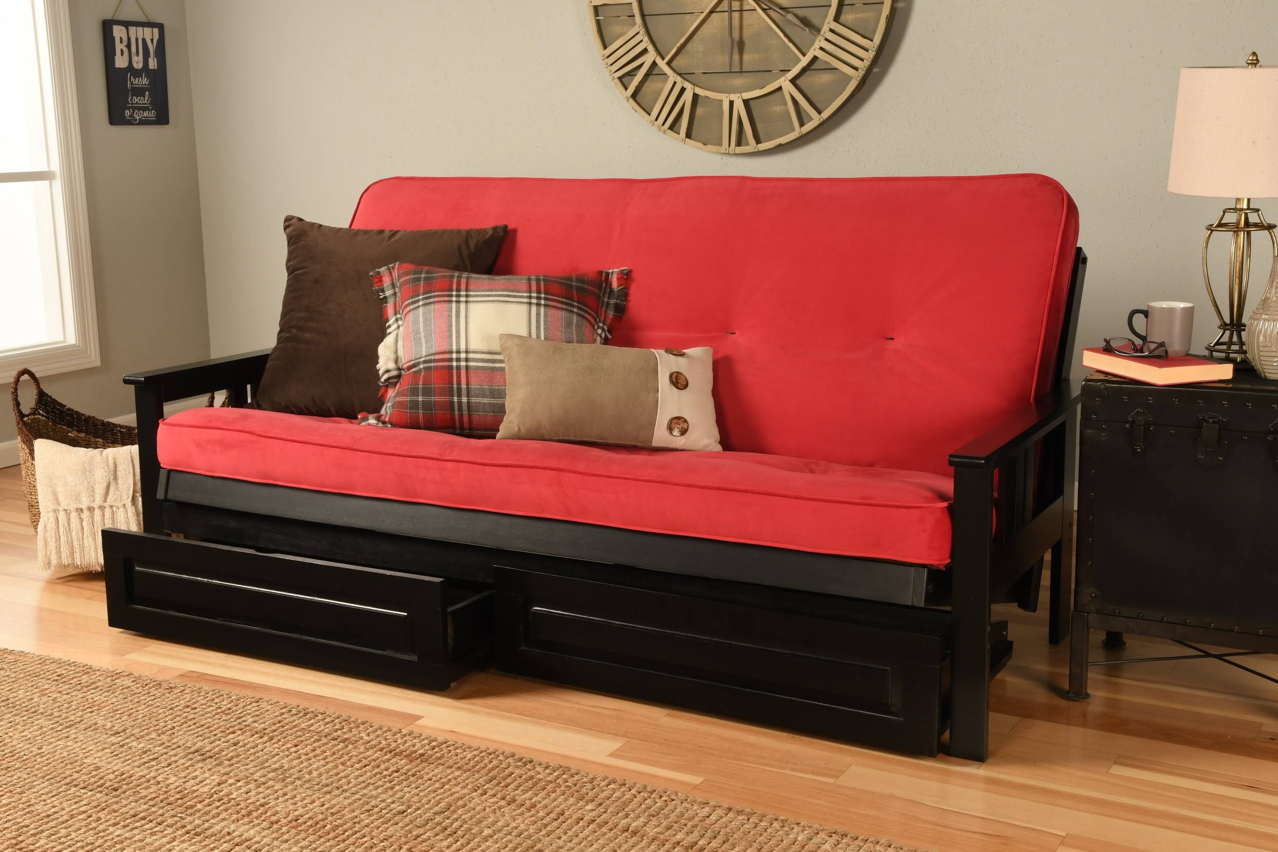 Kodiak Monterey Black Finish Full Futon with Velvet Fire Mattress u0026 Storage Drawers