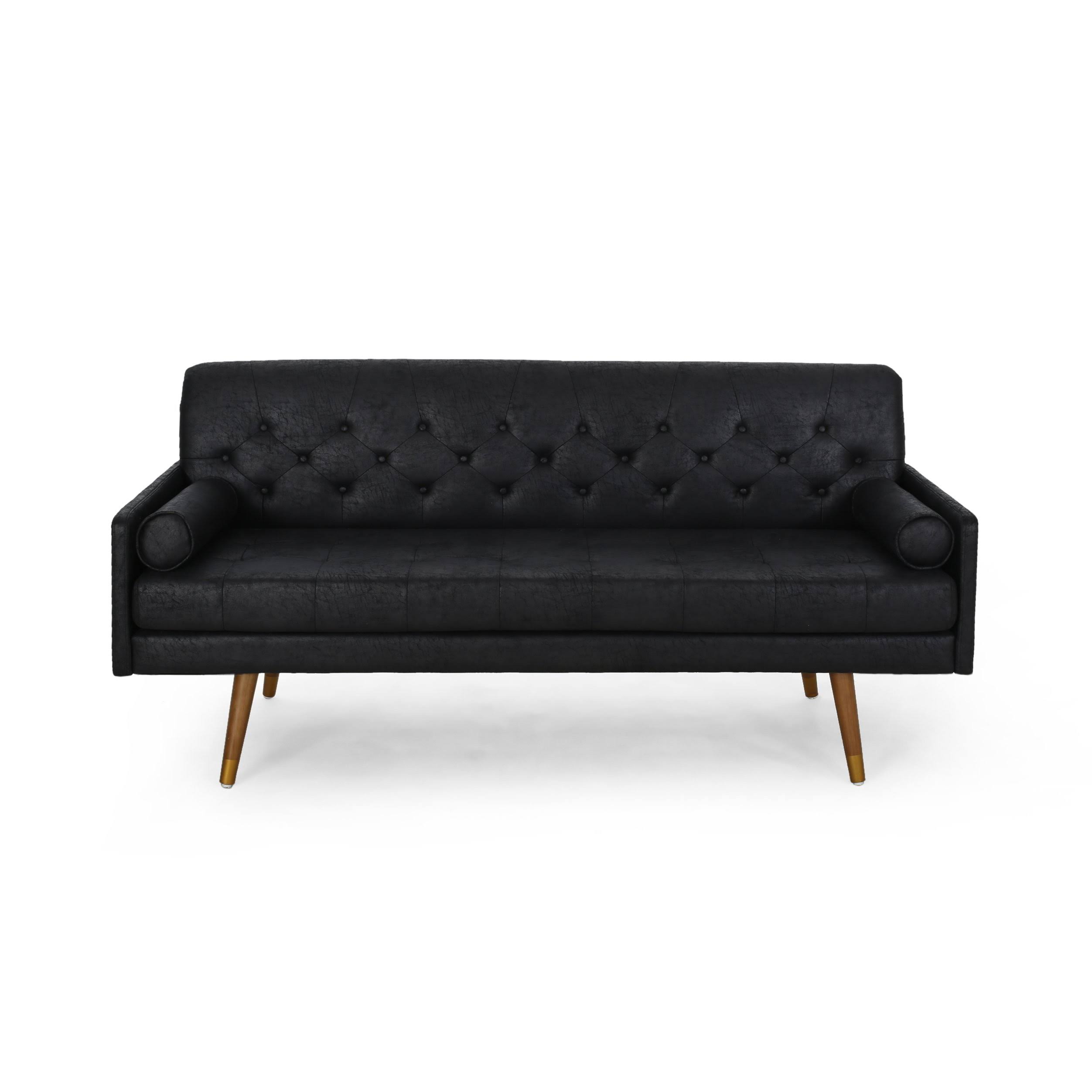 Truda Mid Century Modern Microfiber Sofa with Button Accents Ivory