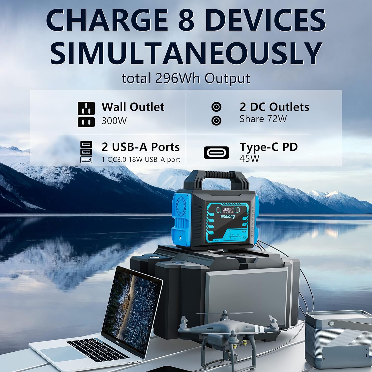 Portable Power Station 300W, Enelong Solar Generator 296Wh with PD45W Output, 2 AC Outlets 2 DC Ports 2 USB Ports, Portable Generator with Bright LED Flashlight for Camping CPAP Emergency