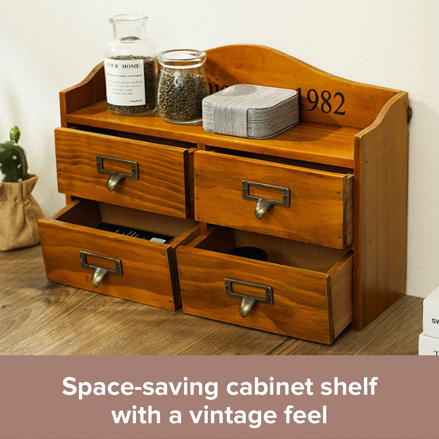 PRIMO SUPPLY Two Way Desktop Organizer & Wall Shelf with Drawers - Hanging Storage Cabinet - Wood Wall Mount Shelves - Desktop Drawer Organizer with Top Rack - Vintage Home Decor Storage Organizer Pack of 2