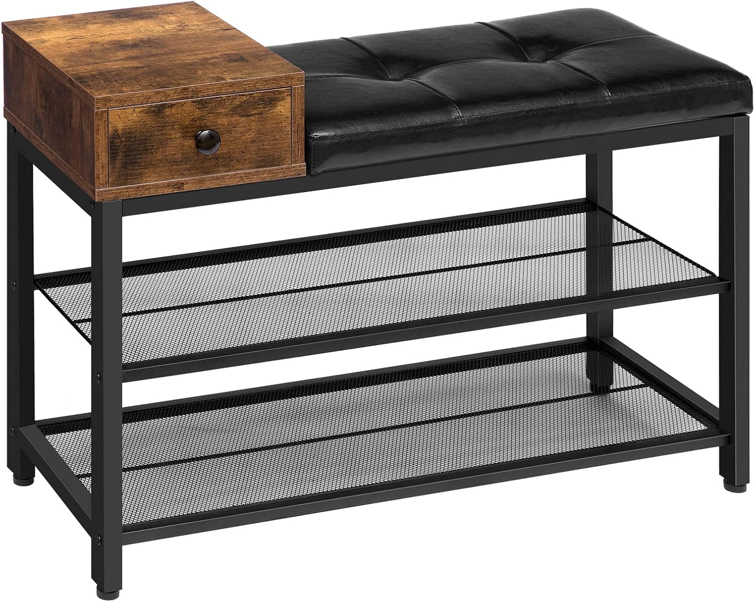 HOOBRO Shoe Bench, Shoe Rack with Cushioned Seat and Drawer, Shoe Storage for Entryway with 2 Mesh Shelves, Black Imitation Leather, Easy Assembly, Comfortable, Hallway, Living Room, Bedroom BF31HX01