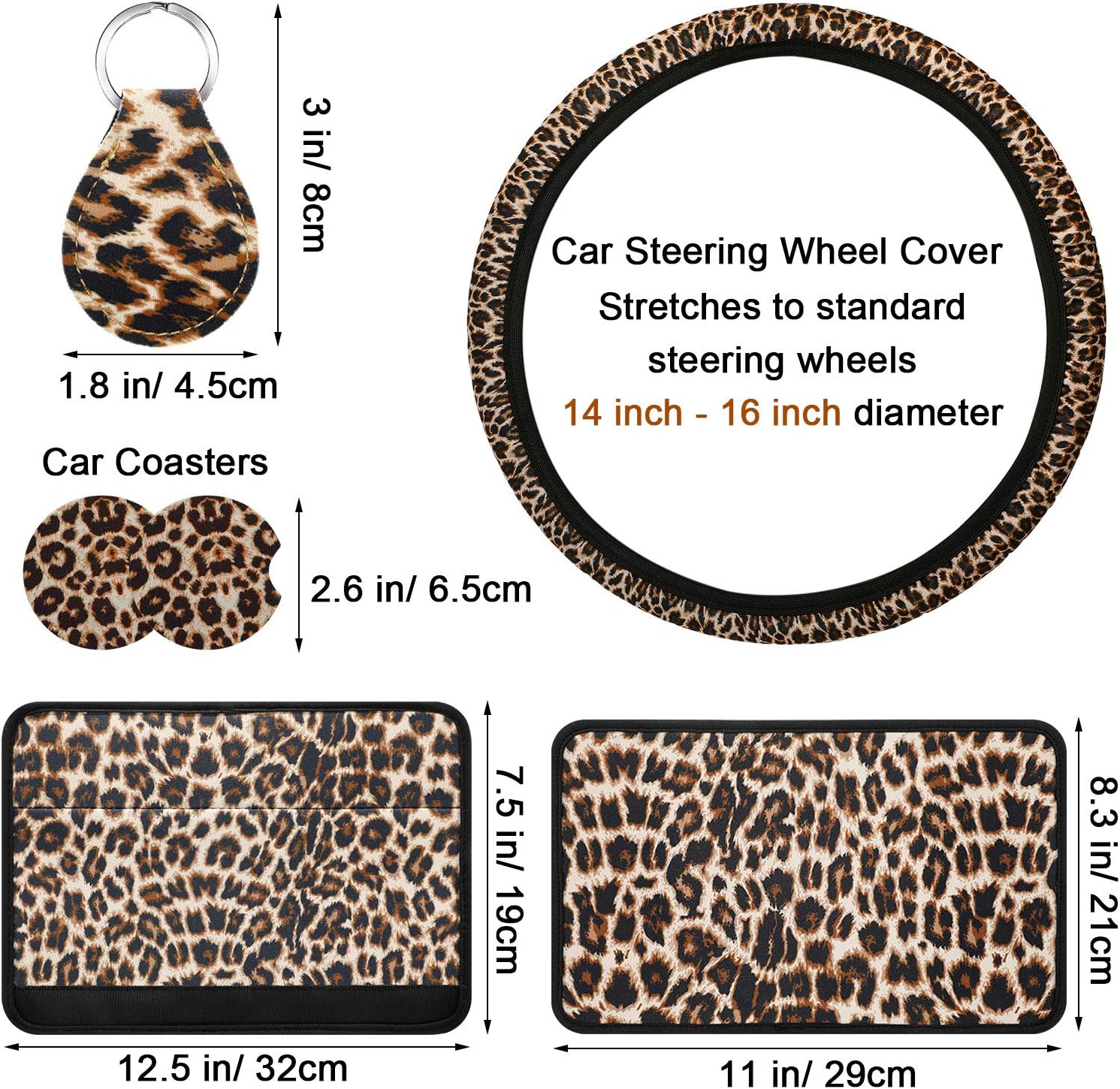 7 Pieces Leopard Print Car Accessories Set, Leopard Steering Wheel Cover, Leopard Car Coasters, Leopard Keyring, Armrest Pad Cover and Seat Belt Pads for Most Cars