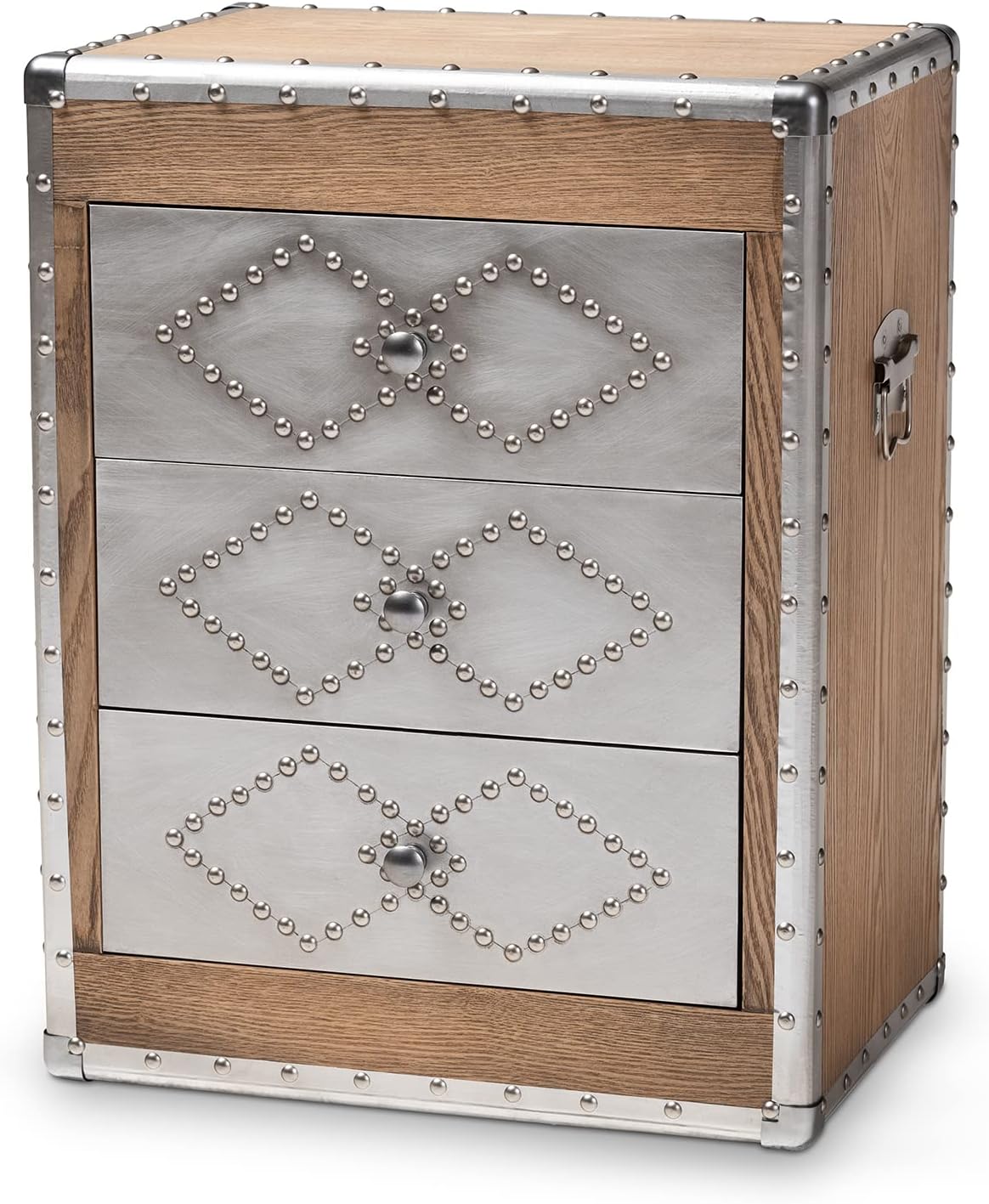 Baxton Studio Audric French Industrial Brown Wood and Silver Metal 3-Drawer Accent Chest