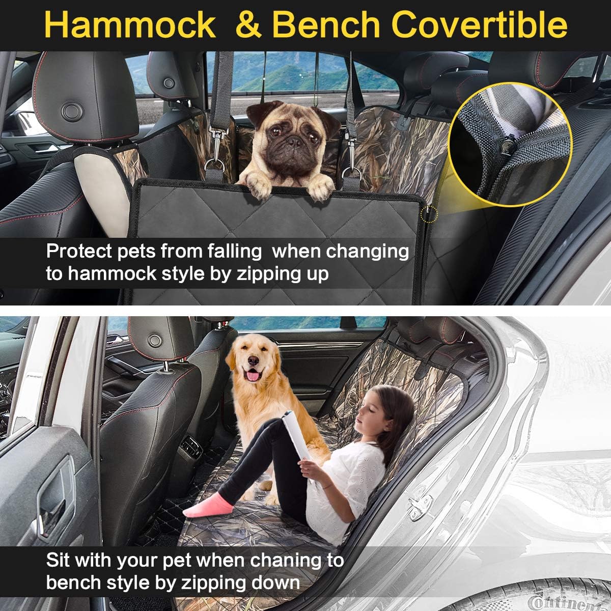 KIMHY Camo Dog Seat Cover for Pets, Car Back Seat Cover Hammock with Side Flaps, Mesh Window & Storage Bag, Waterproof Pet Seat Cover for Cars , SUV, Jeeps and Trucks