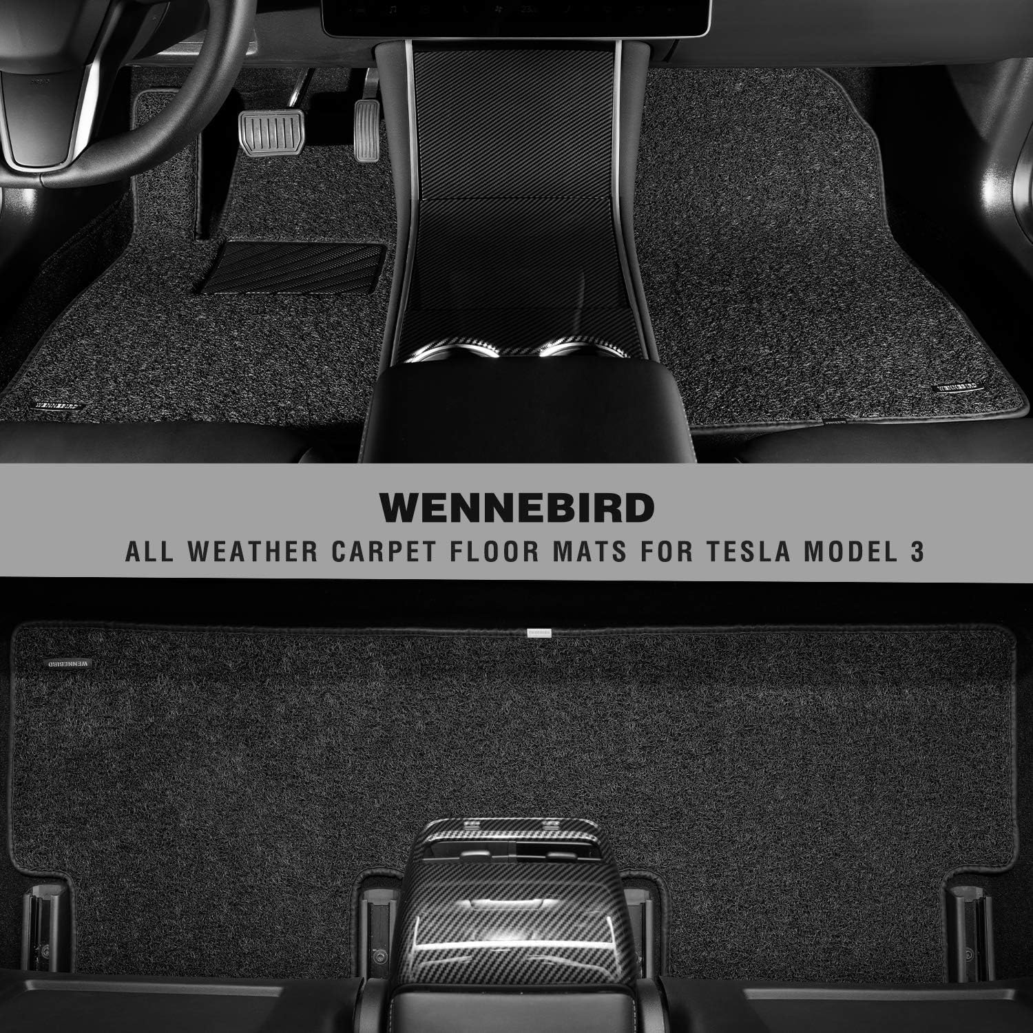 WENNEBIRD All Weather Carpet Floor Mats for Tesla Model 3 2017-2022 , Custom Fit Car Floor Liners - Black