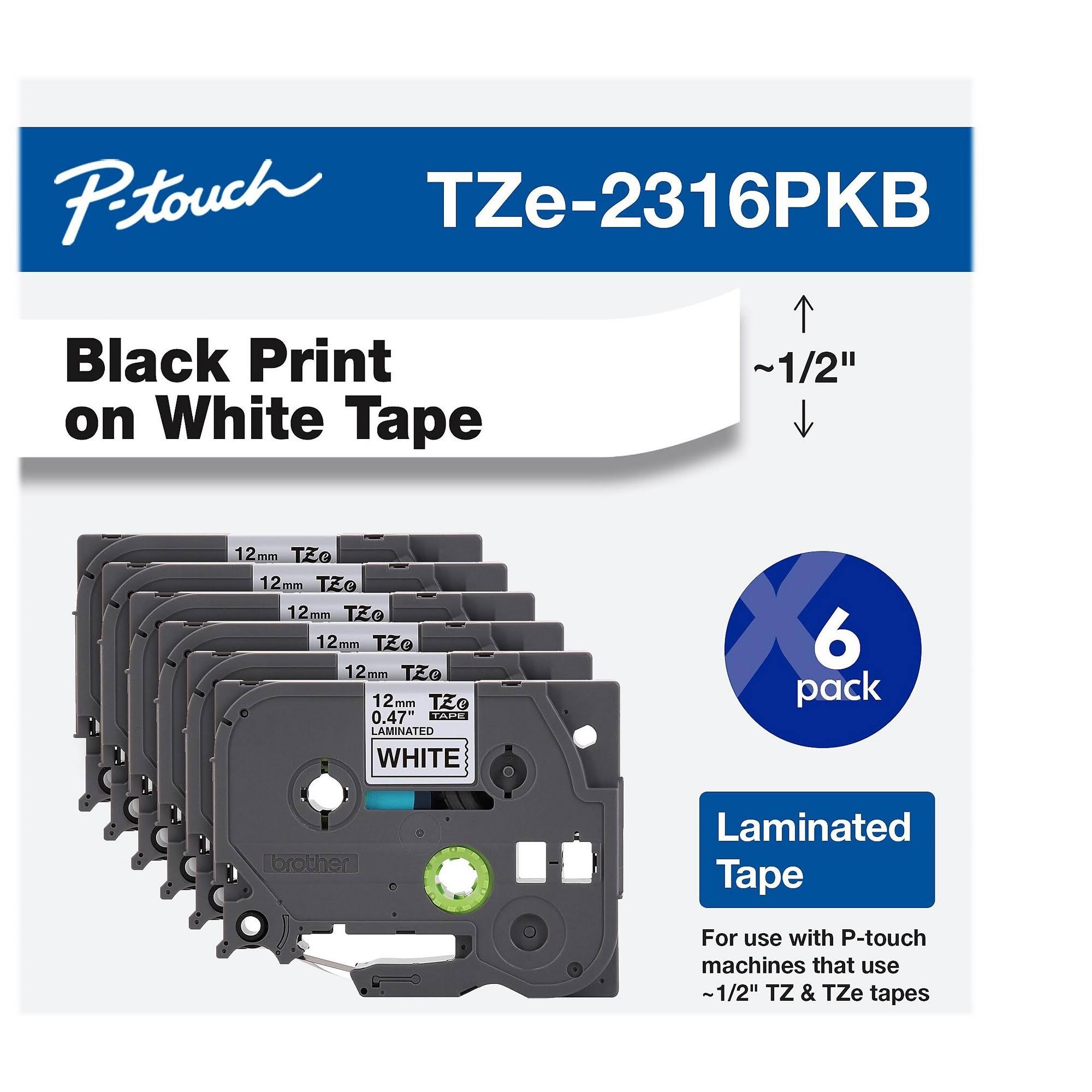 Brother P-Touch TZe-231 Label Tape, 1/2x22 x 26-1/4&, White/Black, Pack of 6 Rolls