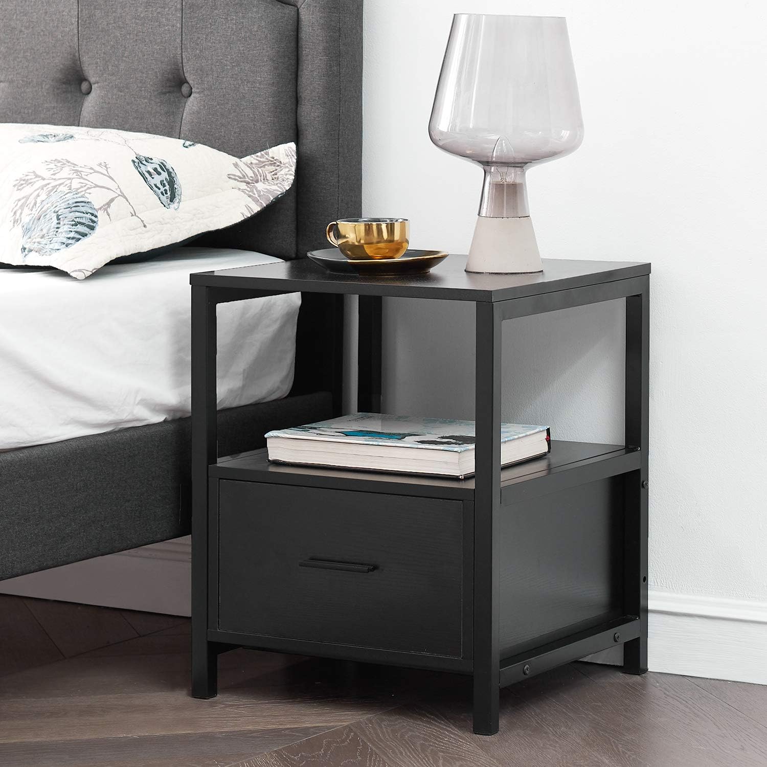 VECELO Nightstand with Drawer and Open Shelf Modern Square End Side Table for Storage in Bedroom, Living Room, Small Space, Stable Metal Frame, 1 Pack, Oak