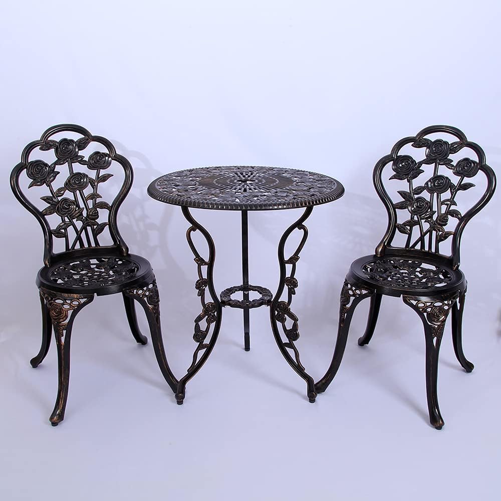 NC 3 Pack Bistro Sets Table and Chair Set with Rose Pattern Carving AntiRust Cast Aluminum Antique Bronze Furniture Suitable for Outdoor Garden Patio Lawn Rose, White