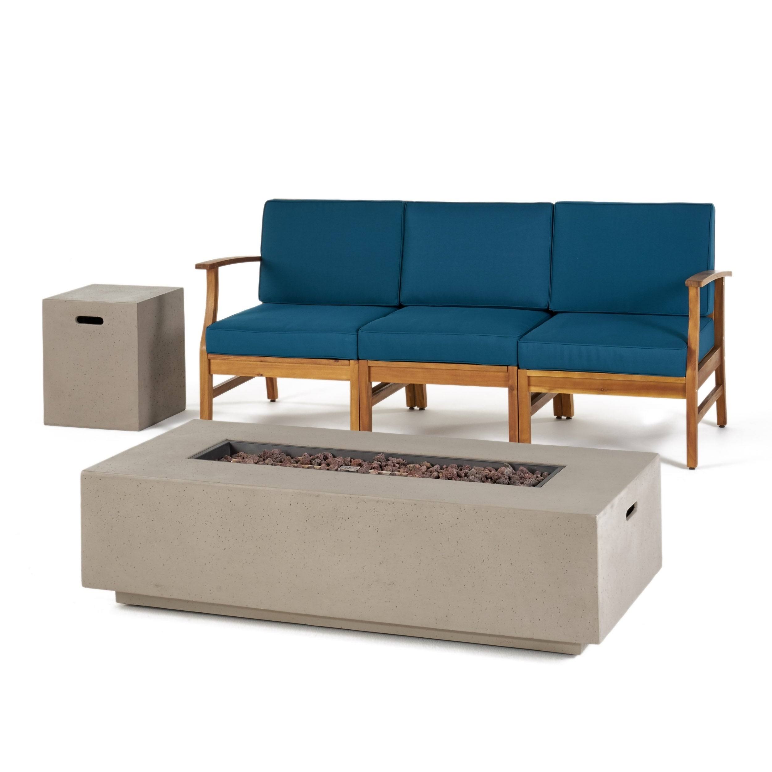Perla 5pc Acacia Wood Sofa with Rectangular Fire Table - Teak/Blue/Light Gray - Christopher Knight Home