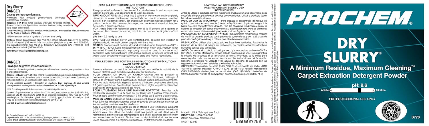 Prochem S776-1m Dry Slurry Professional Carpet Cleaning Concentrate (Powder), Maximum Cleaning, Minimum Residue, Truckmount or Portable Extraction 1-6 lb Jar, 6 lb jar Pack of 2