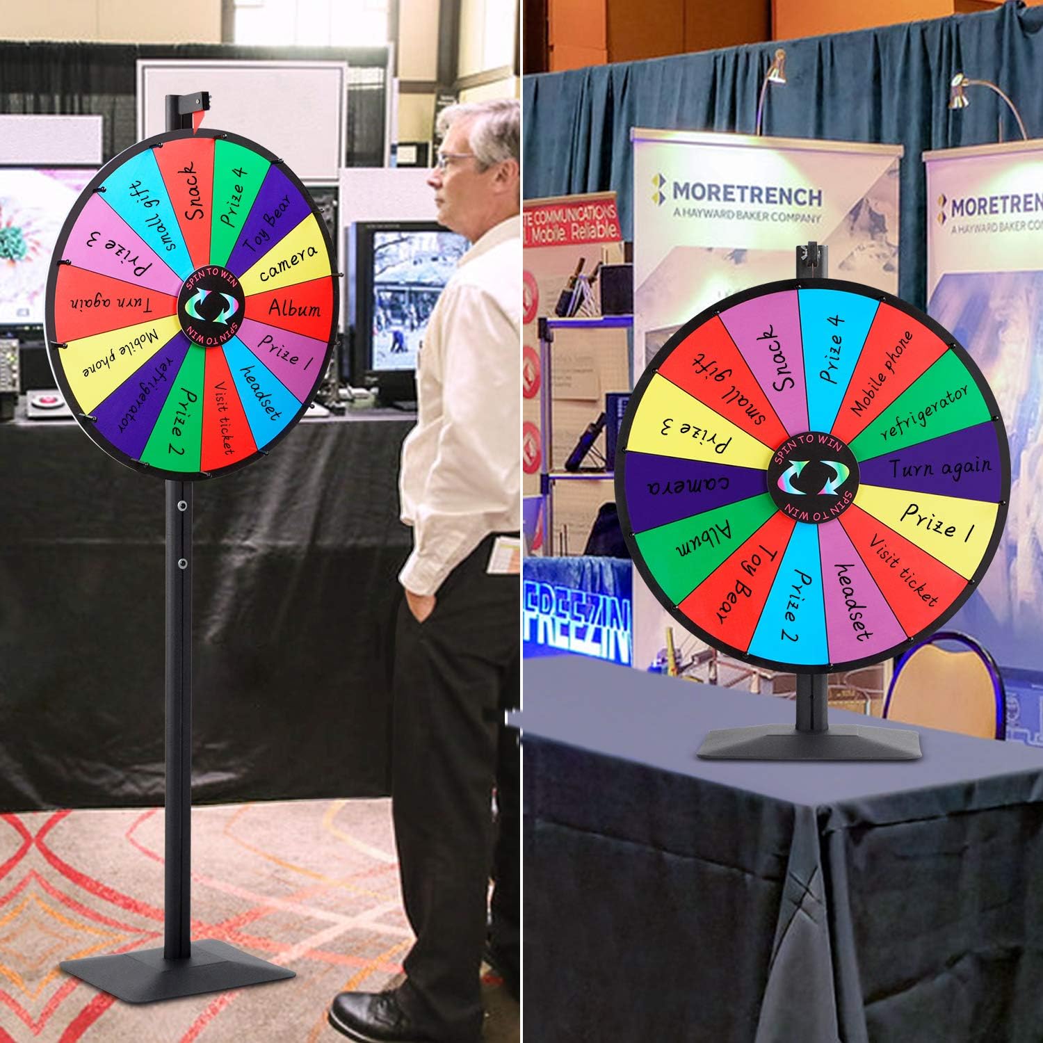 T-SIGN 24 Inch Dual Use Spinning Prize Wheel Stand, Tabletop or Floor Spinner Stand, 14 Colorful Slots with Dry Erase Marker and Eraser Win The Fortune Spin Game for Carnival and Trade Show Pack of 2