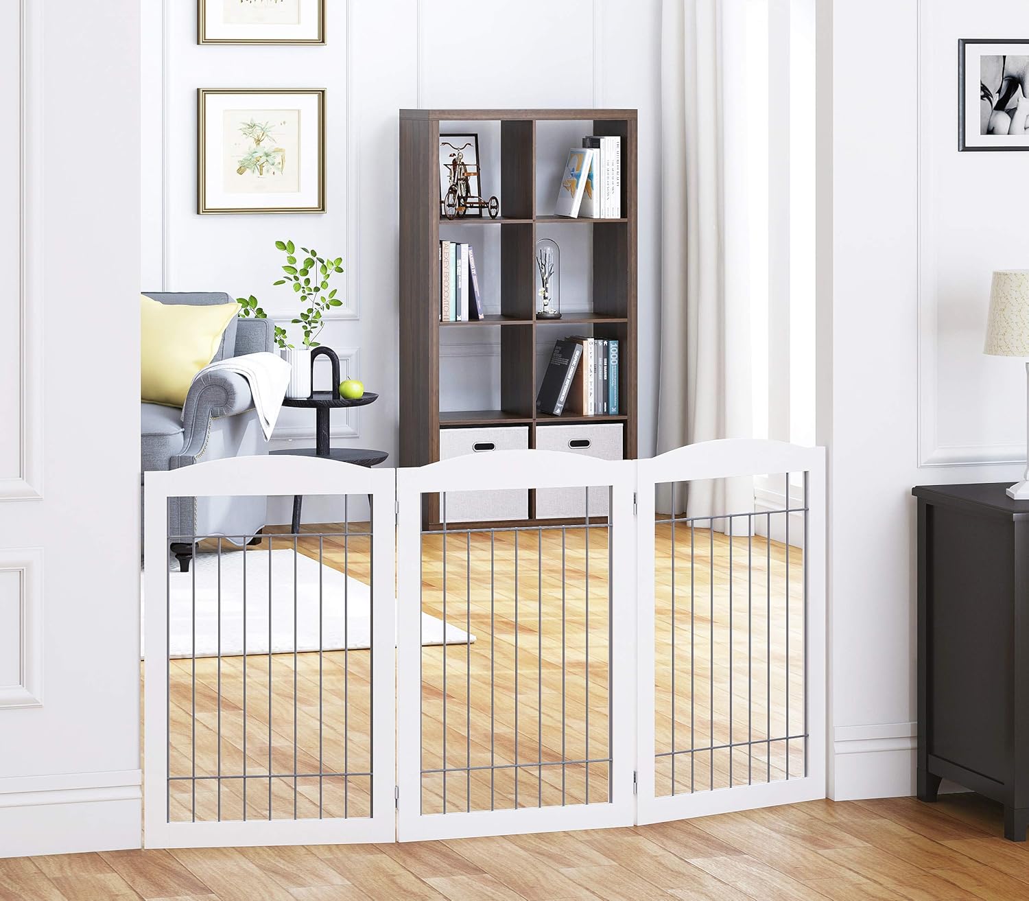 Spirich Freestanding Wire Pet Gate for Dogs, 60 inches Extra Wide, 30 inches Tall Dog Gate for The Houes, Doorway, Stairs, Pet Puppy Safety Fence, White with Sliver Wire- 3 Panels（NO Included FEET) Pack of 2