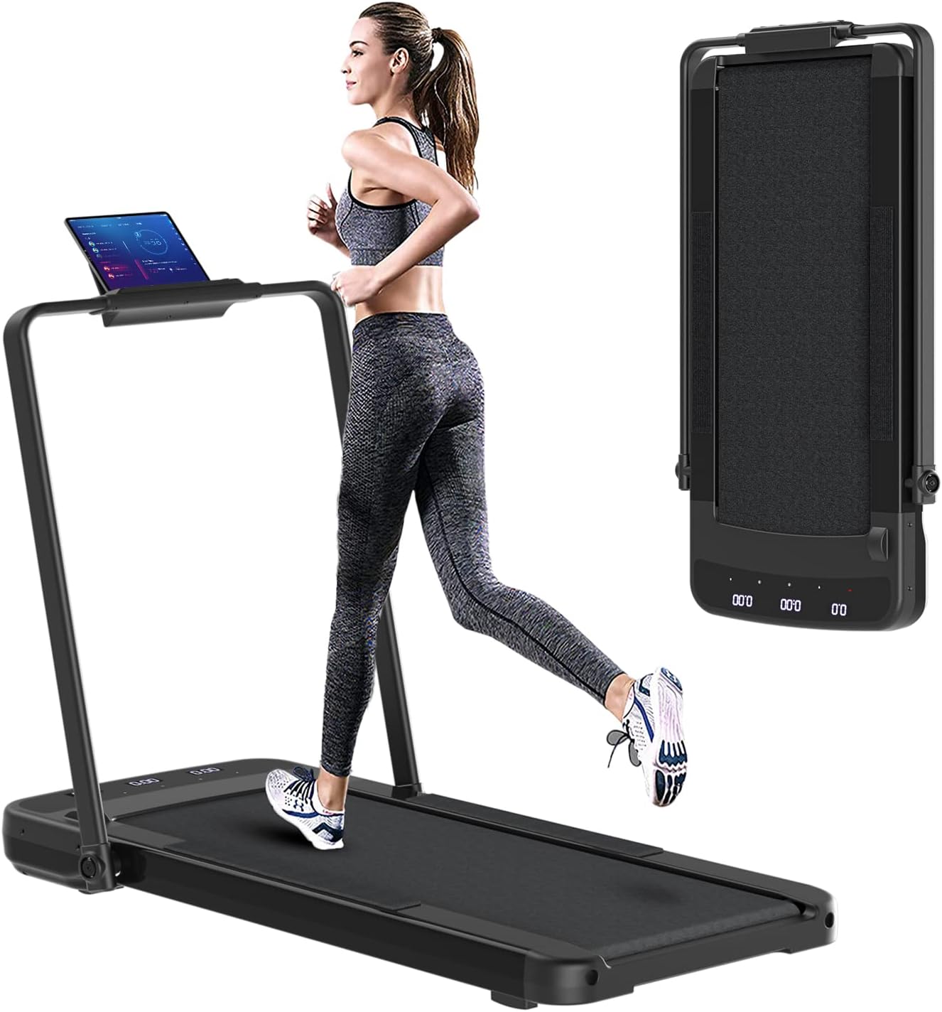 LYNSOM Under Desk Treadmill, Compact 2 in 1 Folding Treadmill with Remote Control, Walking Treadmill Foldable with 12 Preset Programs for Home Office Use, Black