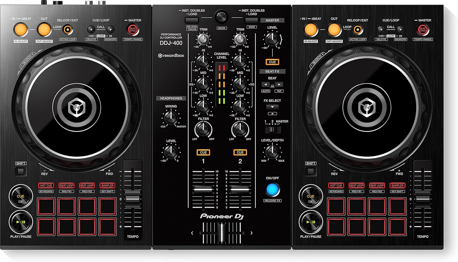 Pioneer DJ DDJ-400 - 2-deck Digital DJ Controller for rekordbox dj Software (Included), with 16 Performance Pads and 2-channel USB Interface, Black