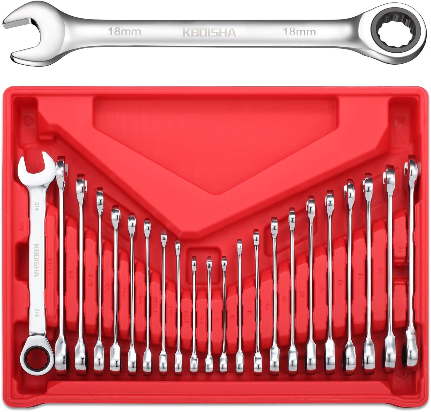 KBOISHA Ratcheting Combination Wrench Set, 22-Piece Metric and SAE Chrome Vanadium Steel Ratchet Wrenches 72-Tooth 6-18mm and 1/4