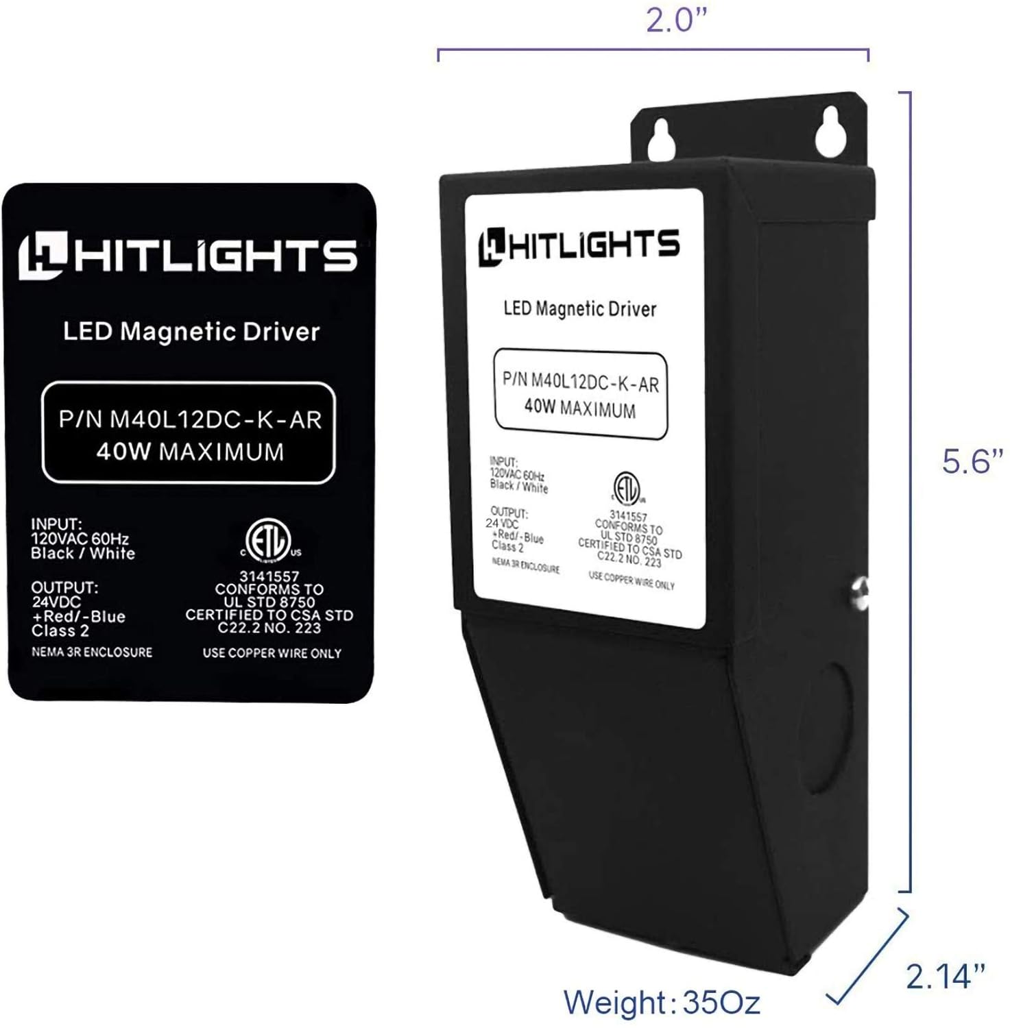 HitLights 40 Watt Dimmable Driver, Magnetic LED Driver, 110V AC - 24V DC Transformer. Made in the USA. Compatible with Lutron and Leviton for LED Strip Lights, Constant Voltage LED Products