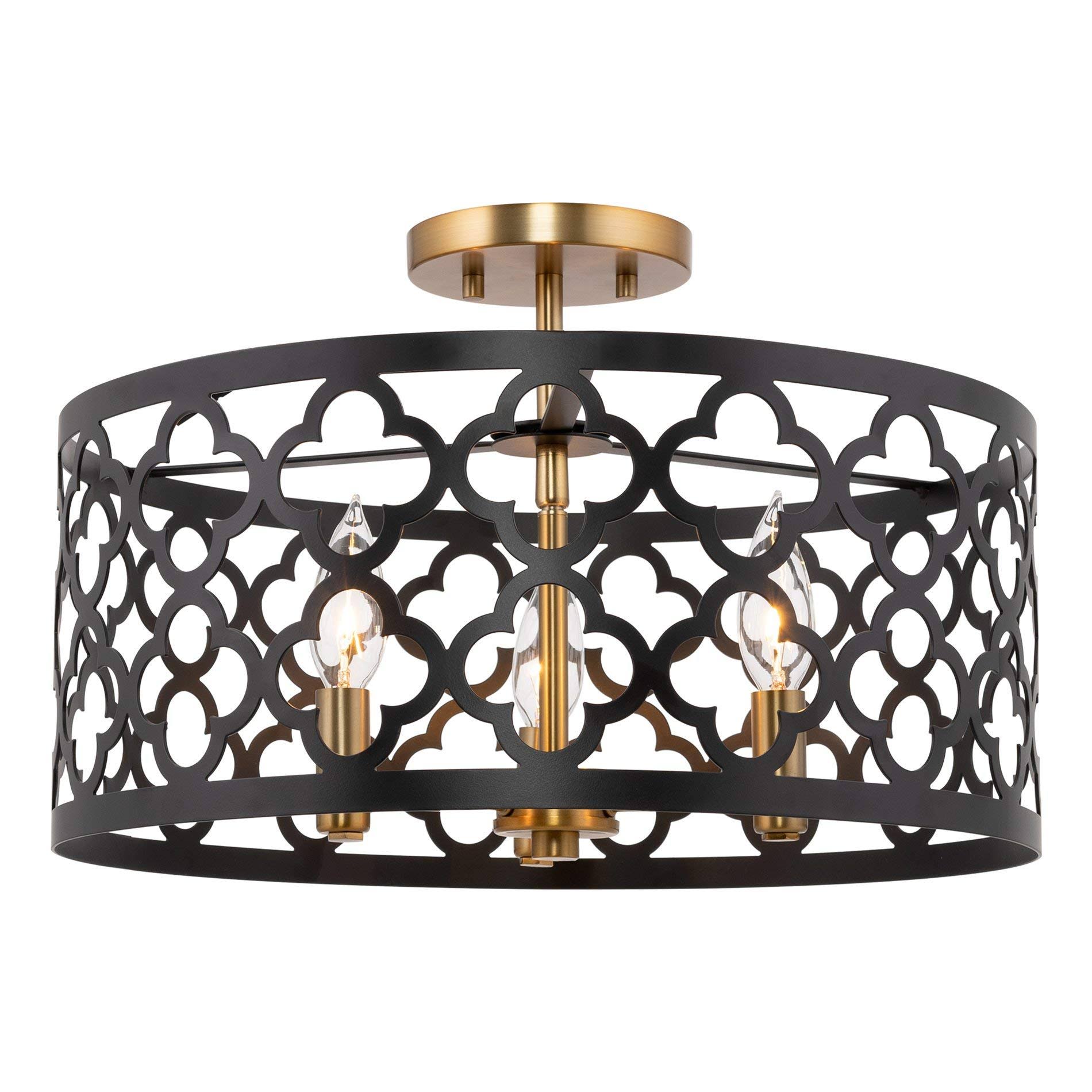 Kira Home Sutton 16x22 3-Light Modern Semi-Flush Mount Ceiling Light, Metal Drum Shade, Warm Brass + Black Finish