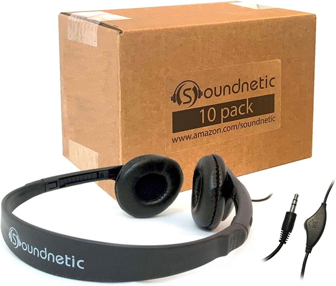 Soundnetic CCV 10 Pack Classroom Stereo Budget Headphones with Leatherette Earpads Volume Control Pack of 2