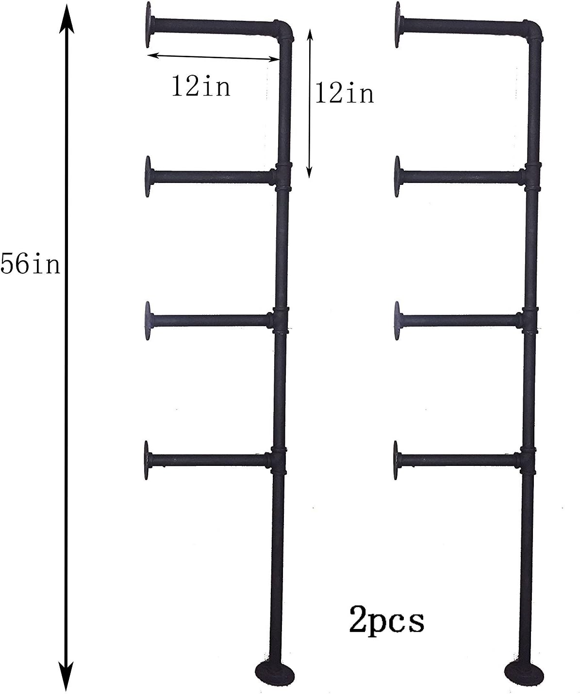WGX Design For You Industrial Retro Wall Mount Iron Pipe Shelf Hung Bracket DIY Storage Shelving Bookshelf (2 Pcs 4Tier Hardware only)