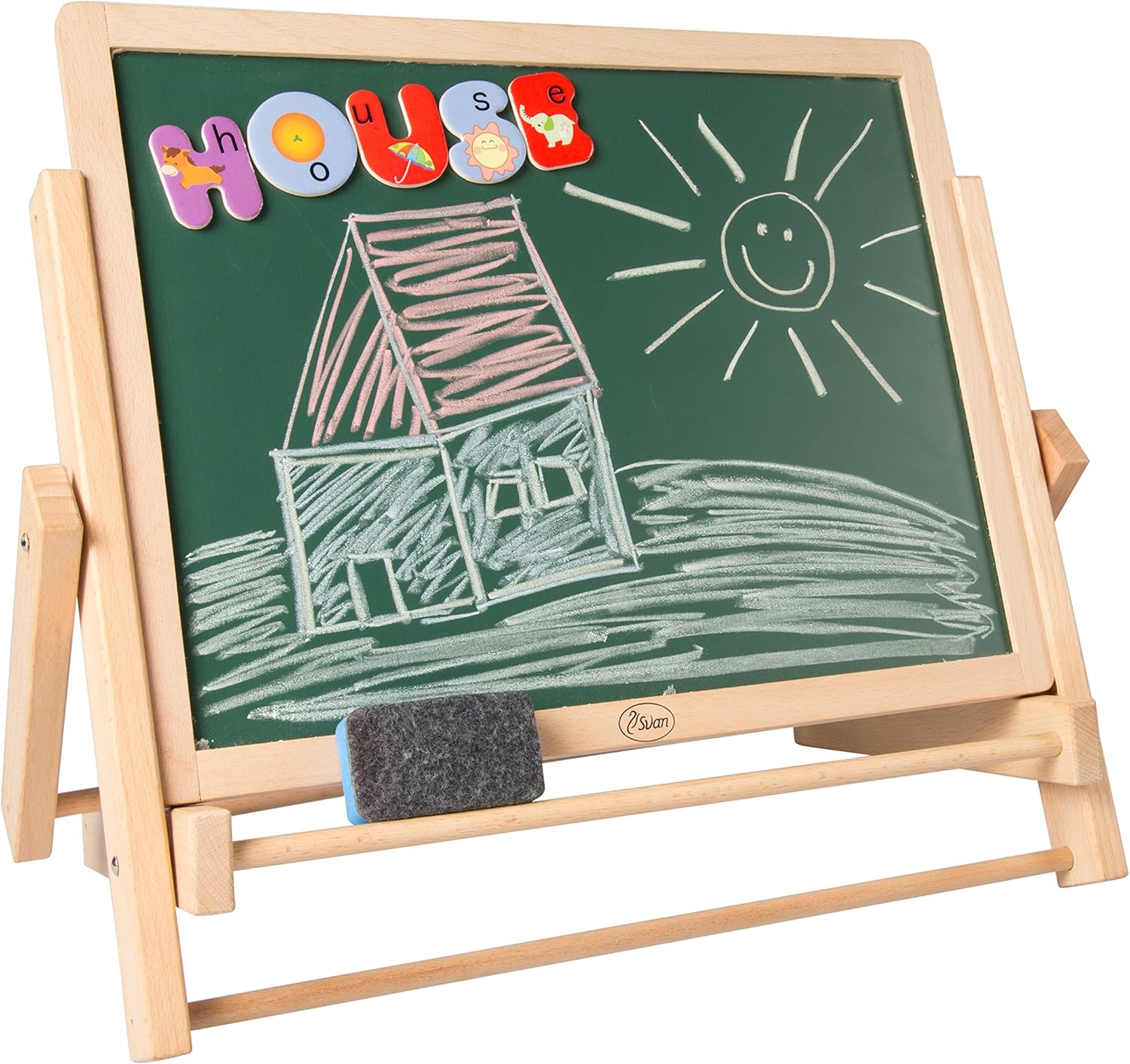 Wood Double-Sided Tabletop Easel 80pc Activity Set for Kids- Childrens Magnetic Dry Erase Whiteboard & Chalkboard, Alphabet Phonic Letters & Shapes - Back to School and Art STEM Play Center Pack of 2