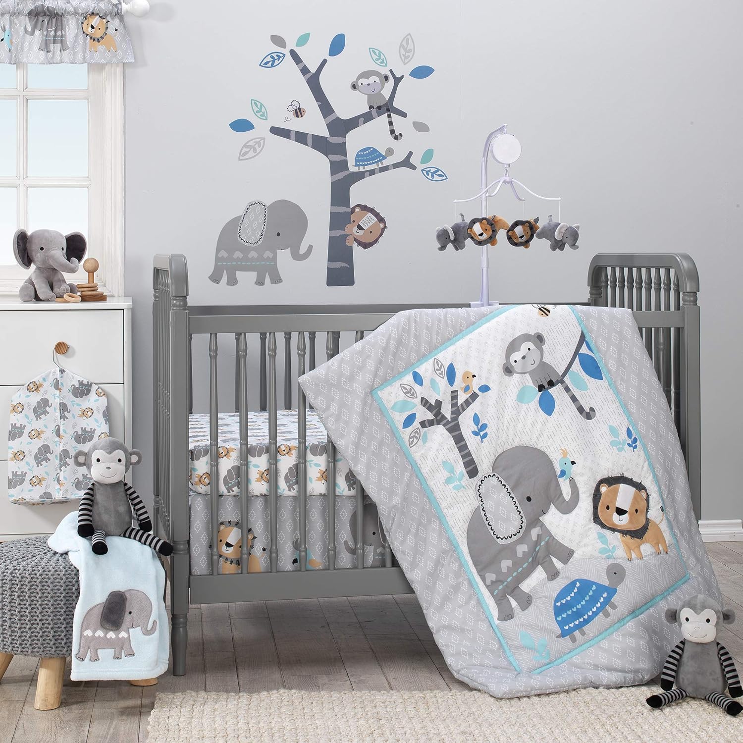 Bedtime Originals Jungle Fun 3-Piece Crib Bedding Set, Blue/Gray Pack of 2