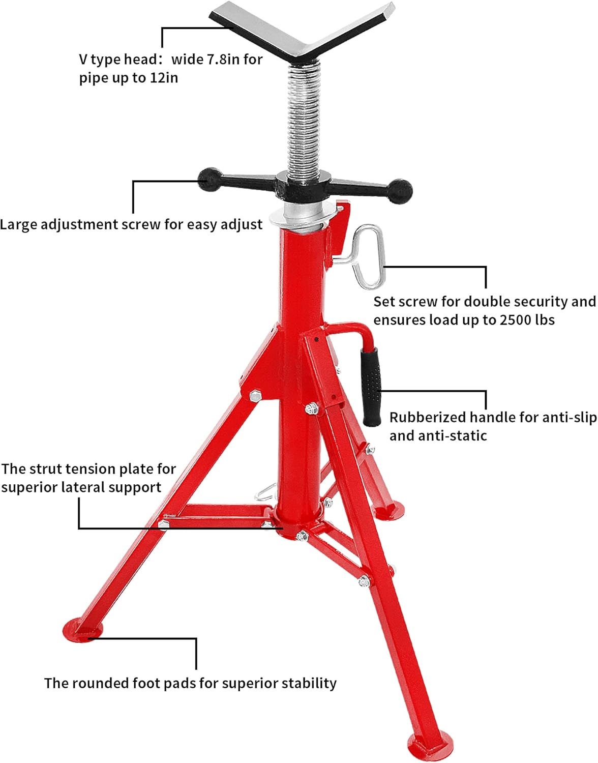 SENDUO Pipe Stand V-Head 28”-52” Adjustable Height,2500 lbs. Capacity, Pipe Jack Stand with Folding Legs