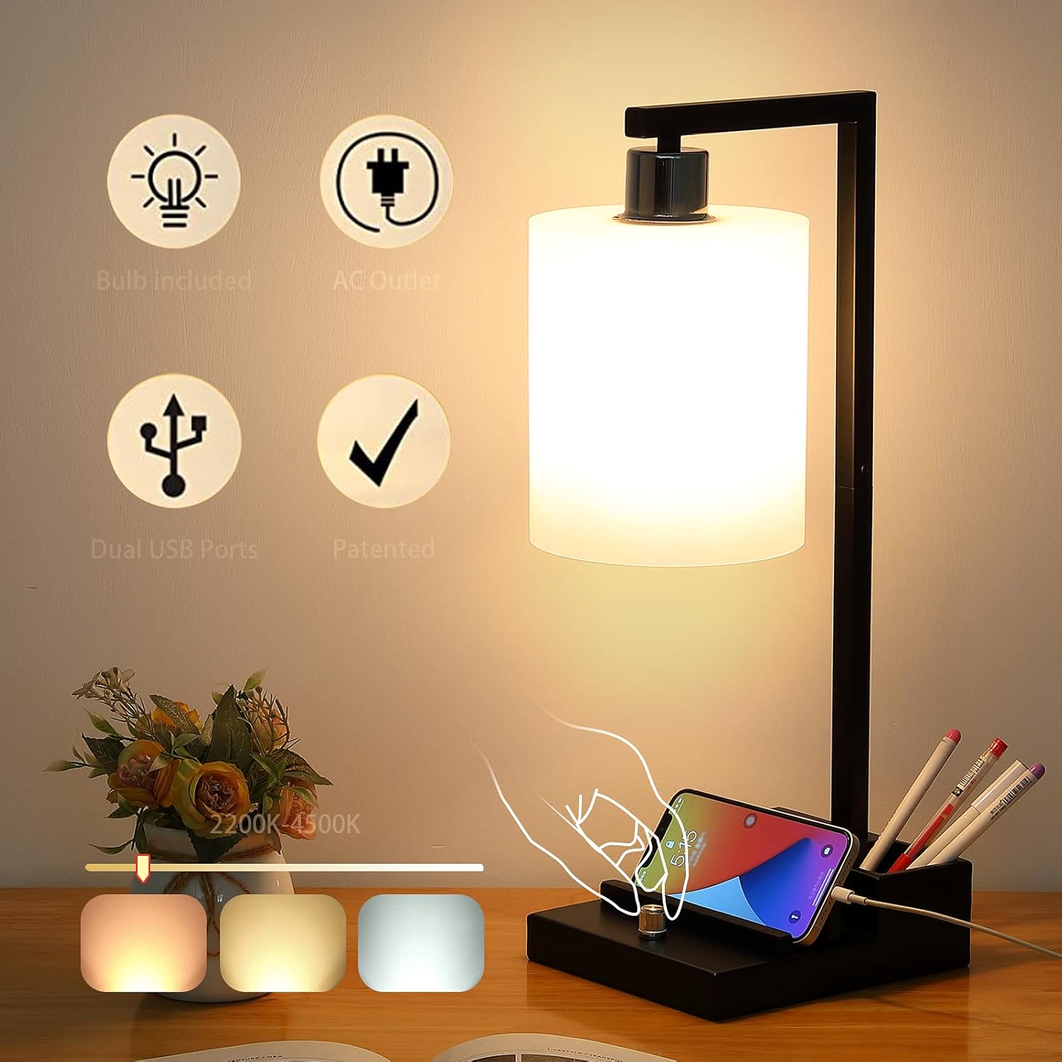 Bedside Table Lamp- Fully Dimmable Nightstand Lamp with 3 Lighting Color, 2 USB Ports & AC Outlet Modern Desk Lamp with PMMA Shade and LED Bulb, Functional USB Table Lamp for Bedroom Livingroom Office