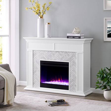 Southern Enterprises Color Changing Marble Tiled Fireplace, White