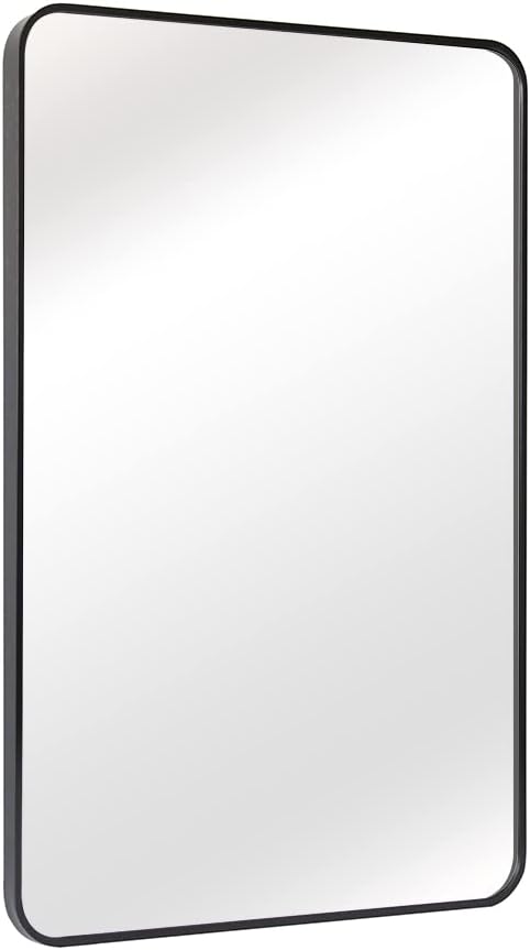 Mirror for Wall,20 x 28 Inches Vanity Mirror for Bathroom, Rectangular Mirror with Brushed Metal Frame Rounded Corner for Bedroom, Living Room, Horizontally or Vertically (Black)
